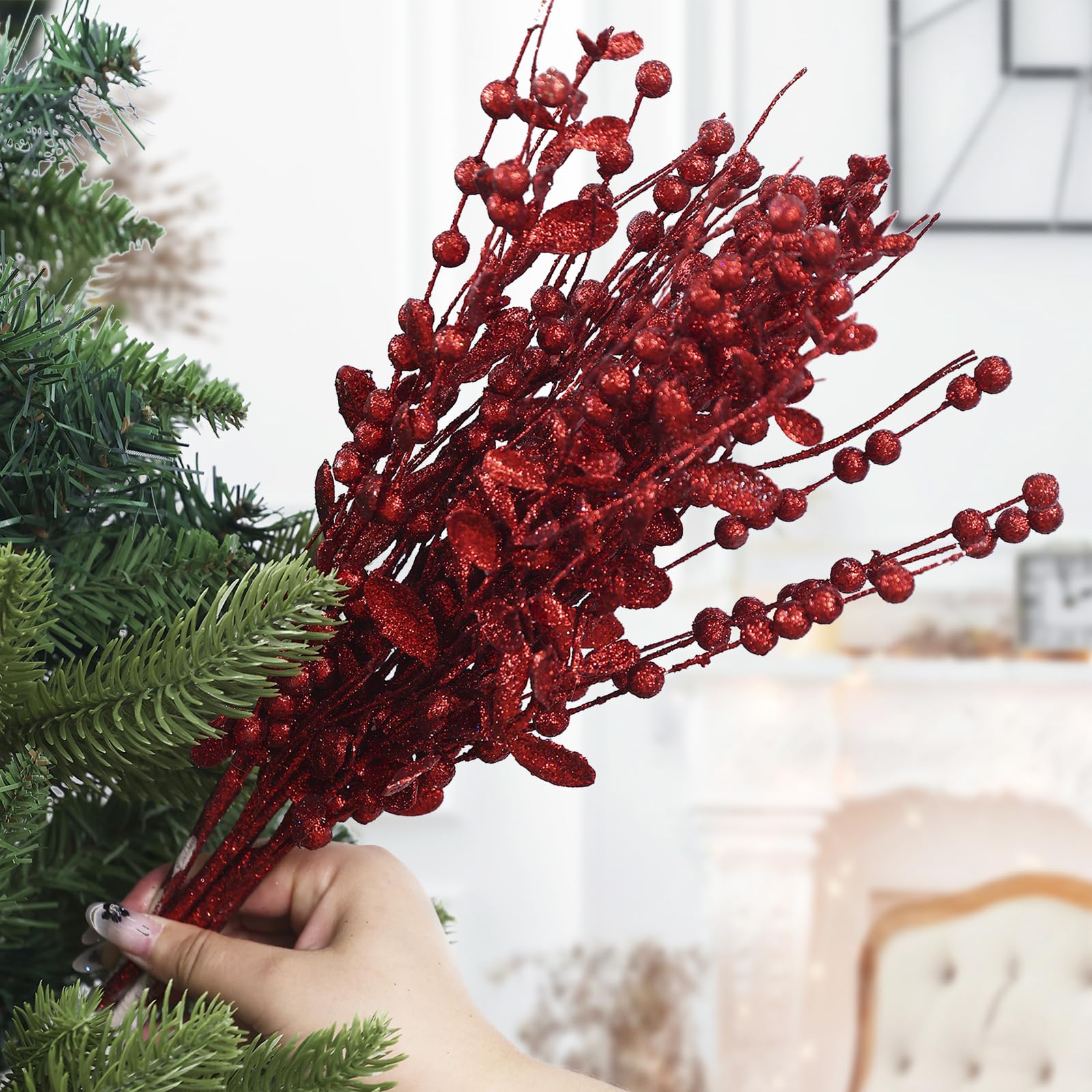 CristBest Paquete de 24 adornos para árbol de Navidad, ramas artificiales con purpurina para decoración de árbol de Navidad, jarrón pequeño, vacaciones, bodas, decoraciones de fiesta (rojo)