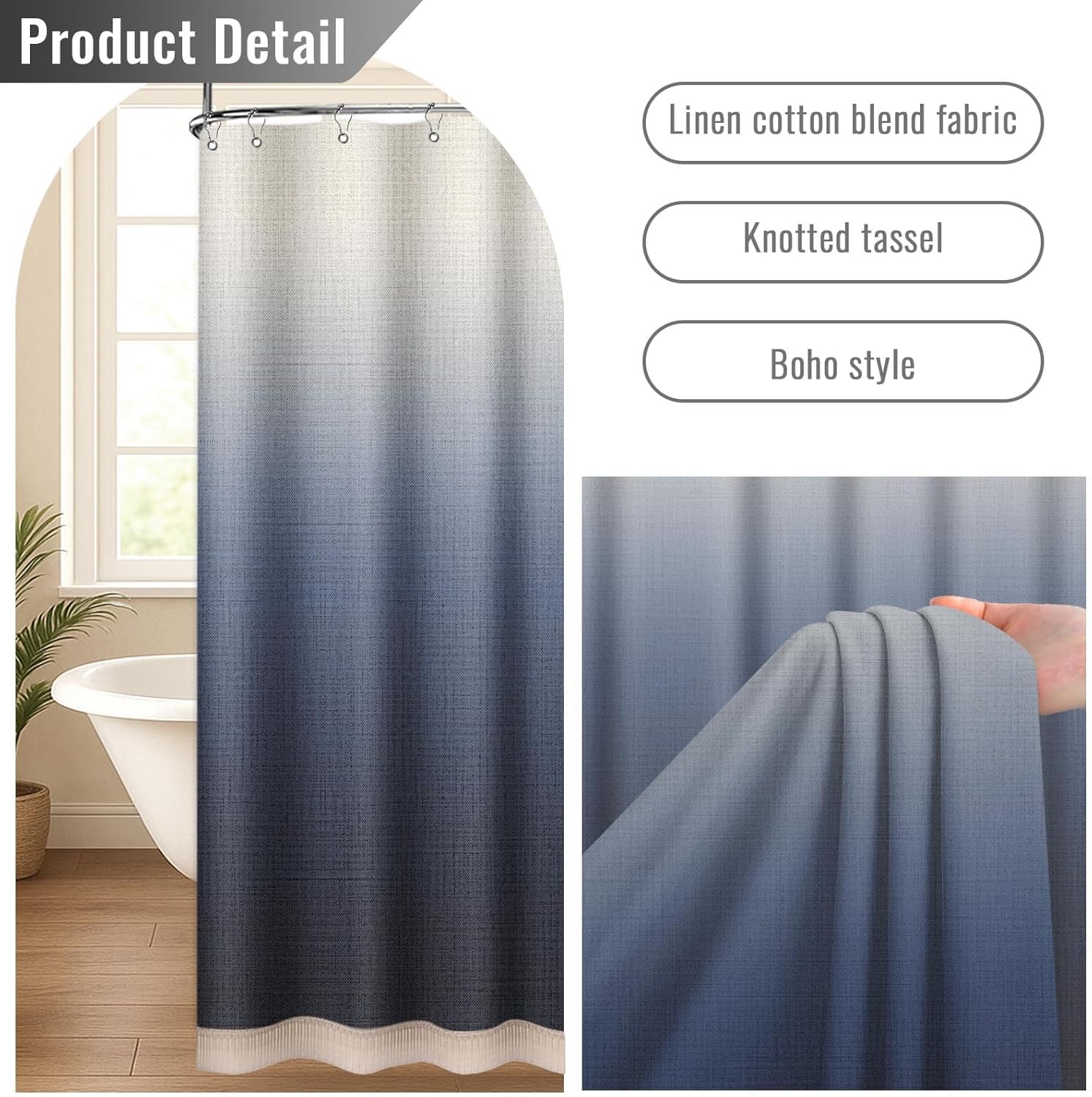 Emvency Boho Farmhouse Navy Blue Ombre Tassel Shower Curtain Set, Modern Bohemian Minimalist Neutral Linen Fabric Cloth Shower Curtains for Bathroom Decor 72 x 72 Inches with Upgraded Metal Hooks