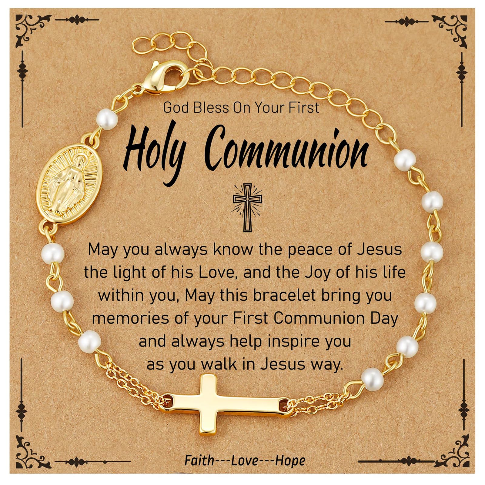 Catholic Bracelets Gifts for Women Girls, Simulated Pearl Rosary Beads Virgin Mary Cross Charm Bracelet Confirmation First Communion Baptism Religious Christian Jewelry Gift