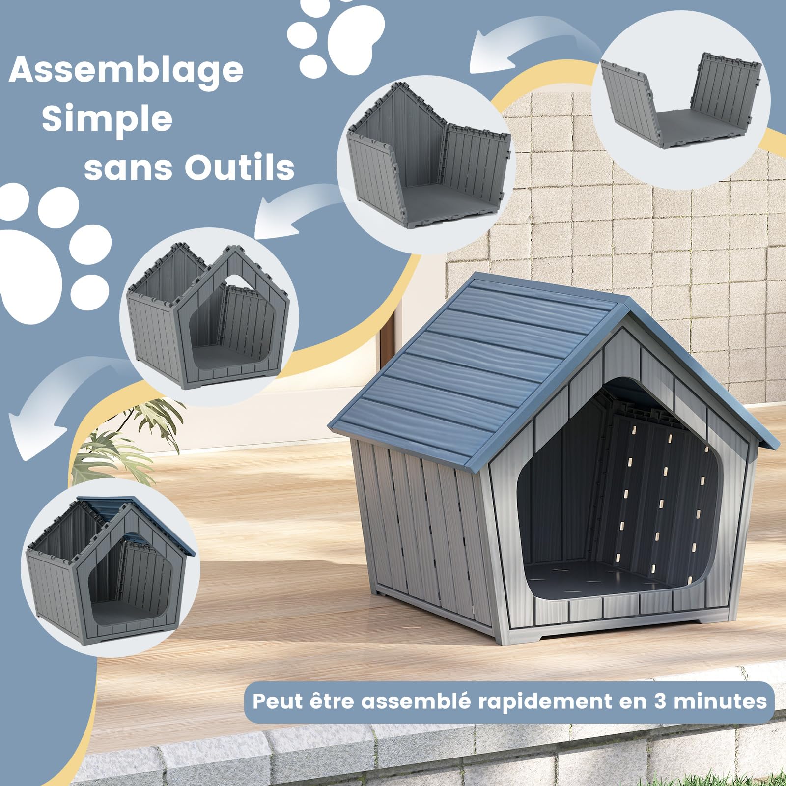 GOPLUS Niche pour Chien Exterieur/Interieur, Niche Chien avec Toit en Pente, Ouvertures de Ventilation, Base Surélevée Résistante à l'Eau, 59,5 x 57 x 58cm pour Chiens de Petites Tailles, Bleu et Gris