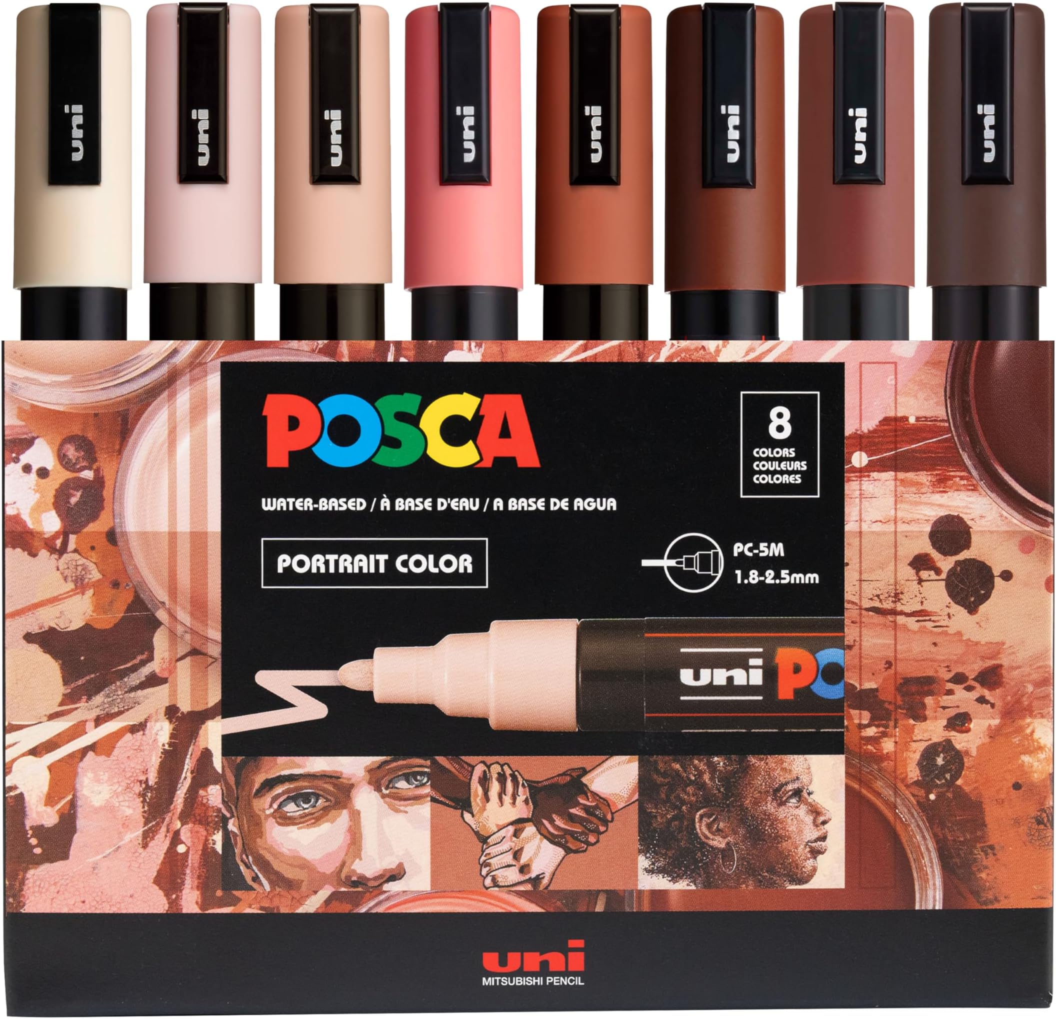 Posca Markers Portrait Tones Set, Acrylic Paint Pens with Reversible Tips for Coloring and Drawing on Any Surface, Non-Toxic Formula, Posca Markers Earth Tones for Rock Painting, Fabric, Glass, & more