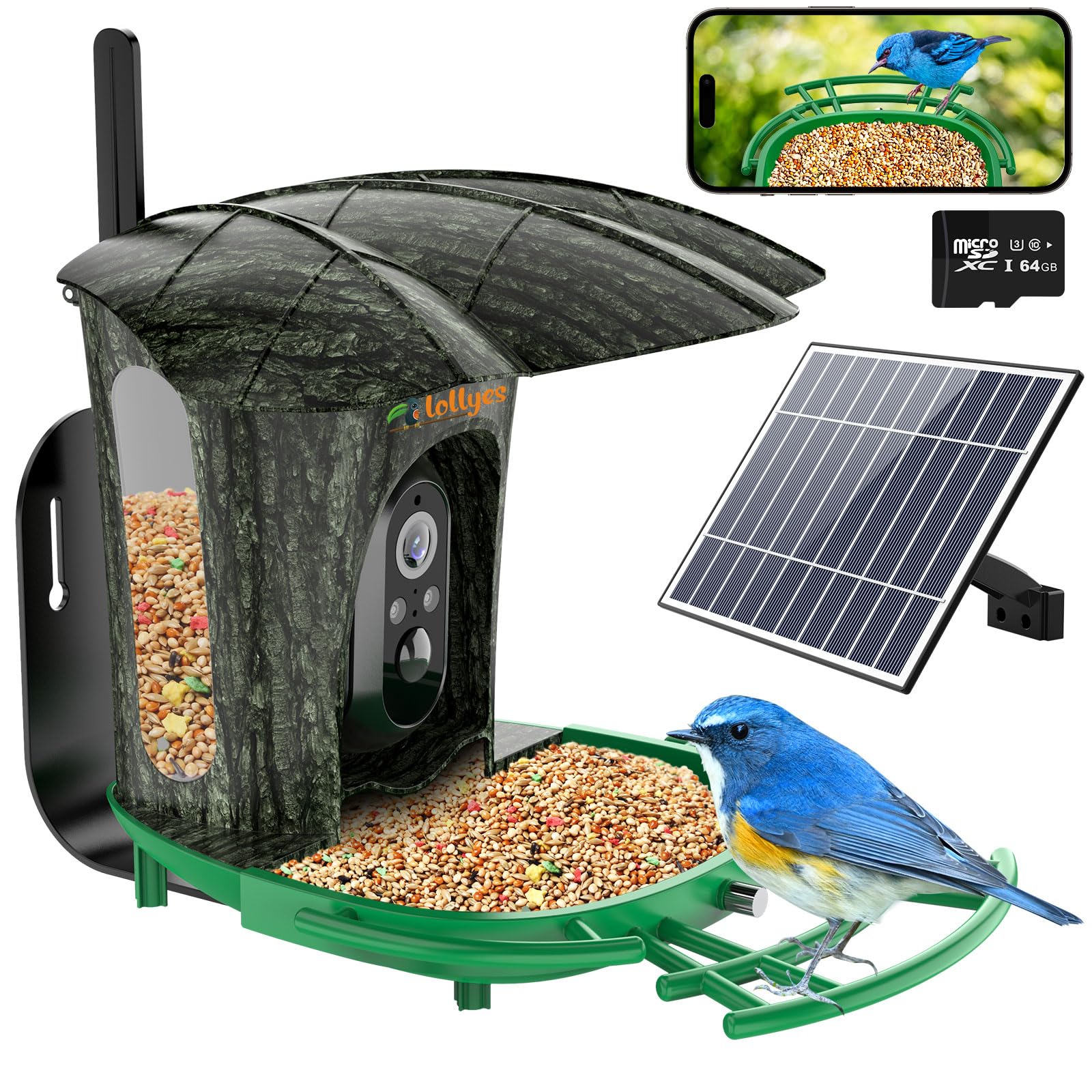 lollyes Comedero Pajaros Exterior con Camara 1080P HD Reconocimiento AI de Aves 6W Panel Solar 64G Tarjeta Captura Automáticamente Notificación Instantánea (Patrón de Arbol)
