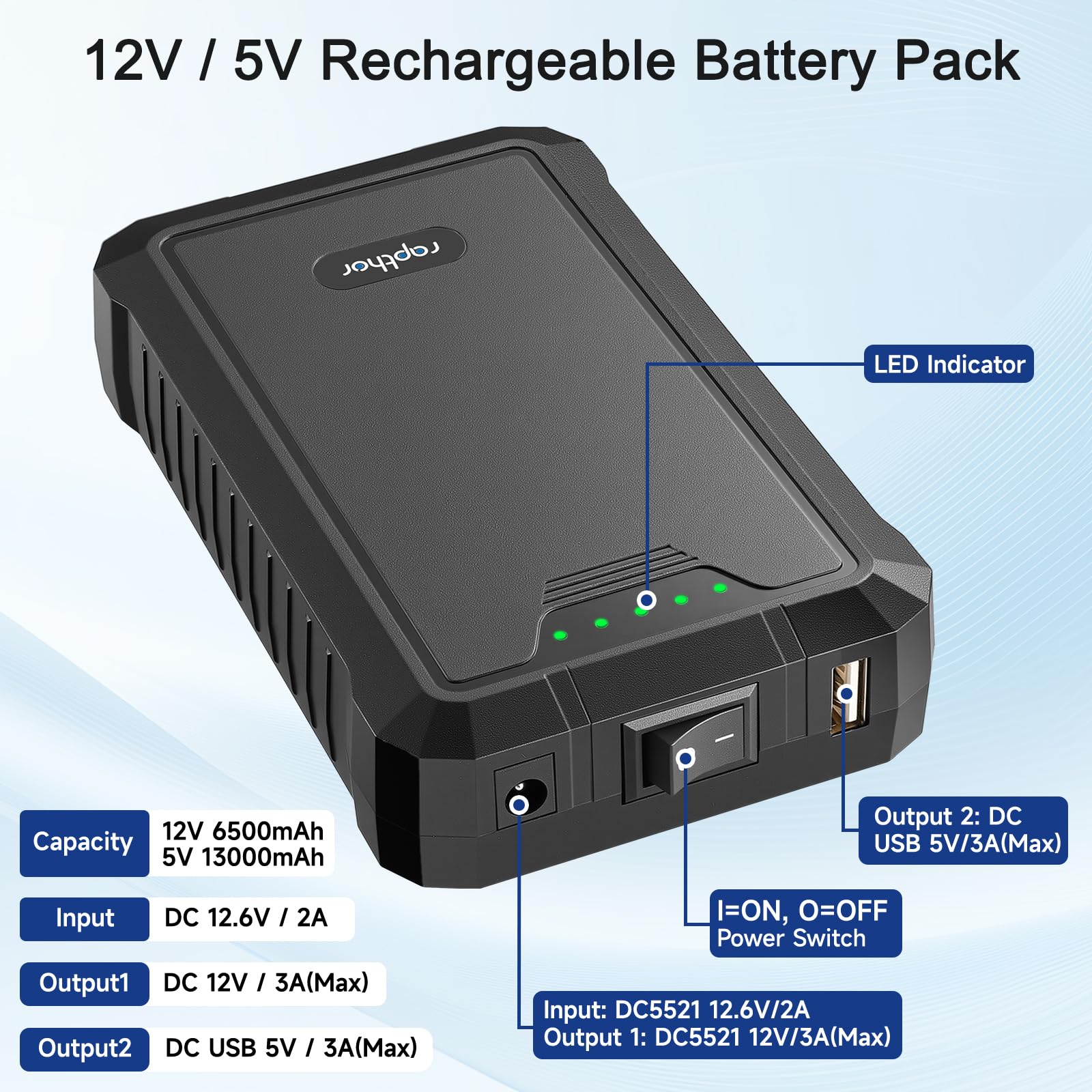 Rapthor Akumulator litowo-jonowy do wielokrotnego ładowania, 12 V, 6500 mAh/5 V, 13000 mAh, wyjście prądu stałego i szybka ładowarka do taśm LED, routerów, kamer monitorujących, telefonów