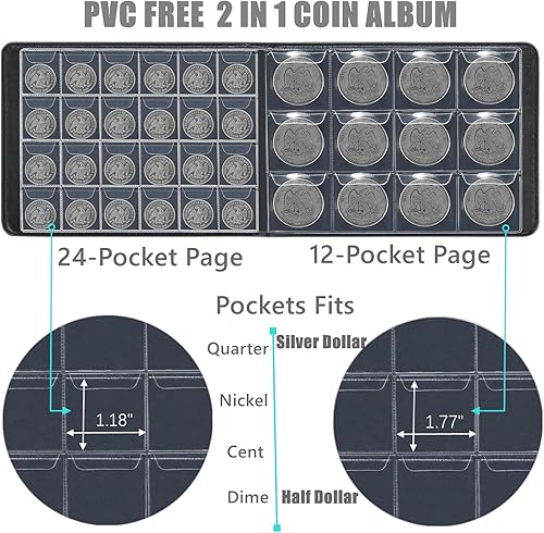 Miniatura 3 de Libro de colección de monedas para coleccionistas, sin PVC, 192 bolsillos, organizador de almacenamiento de monedas, suministros para monedas de