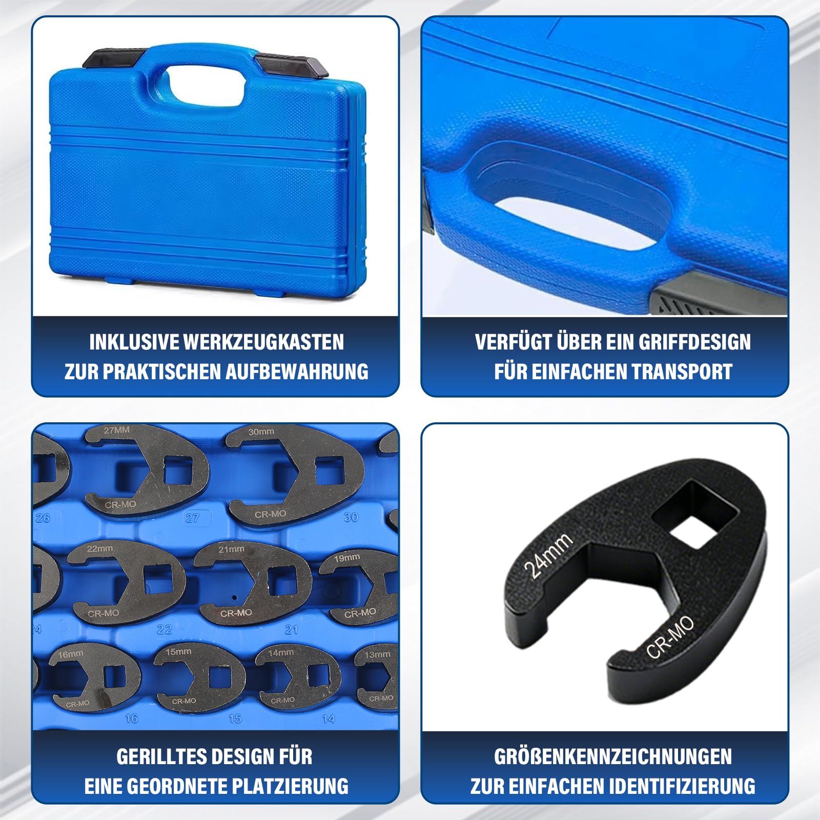 Hahnenfußschlüssel Satz, 24-tlg aus CR-MO Stahl, 8-32 mm, 3/8" und 1/2" Antrieb Drehmoment, Krähenfußschlüssel Set, Hahnenfußschlüssel-Set