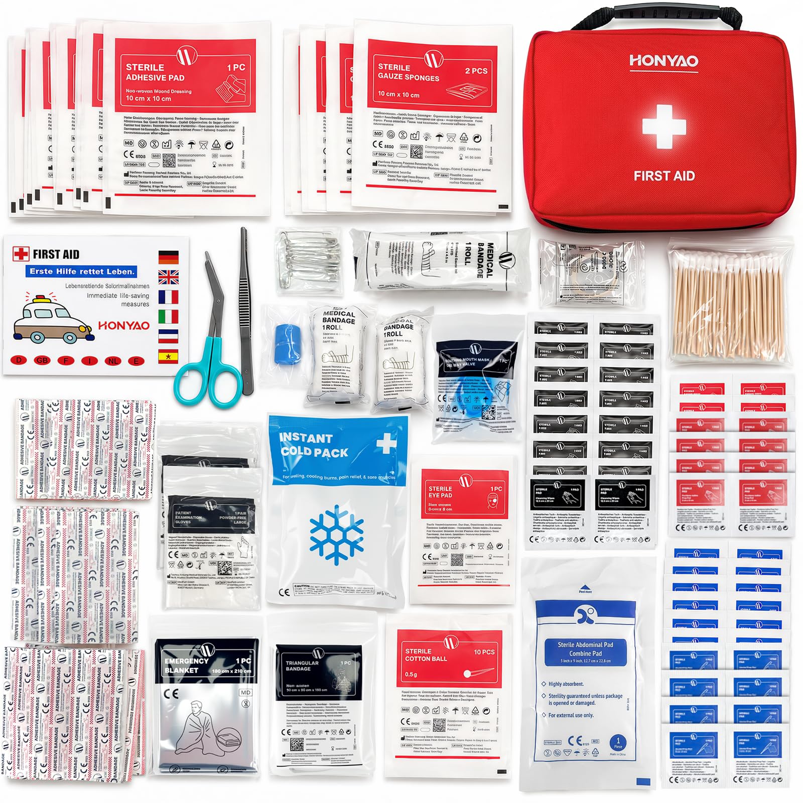 HONYAO Erste Hilfe Set 222 Teile, Komplettes Erste Hilfe Tasche für Zuhause Arbeitsplatz Kinder Outdoor Reise Camping Wandern, Sport First Aid Kit, Rot