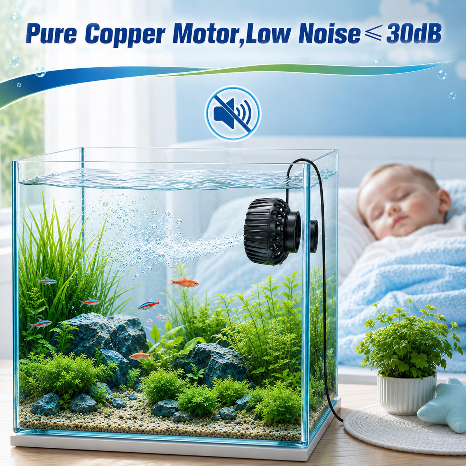 Mini Pompe de Brassage Aquarium 6W, Wave Maker Aquarium Magnétique DC | 3000L/h & 10 Vitesses, Pompe de Circulation avec 4 Modes pour Aquariums 15-189L, pour l'eau Douce et Salée