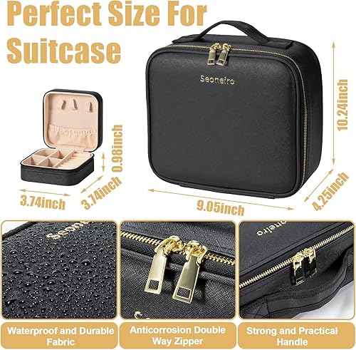 Miniatura 3 de Seoneiro Bolsa de viaje de maquillaje con espejo iluminado LED, brillo ajustable, estuche de maquillaje portátil impermeable con divisores