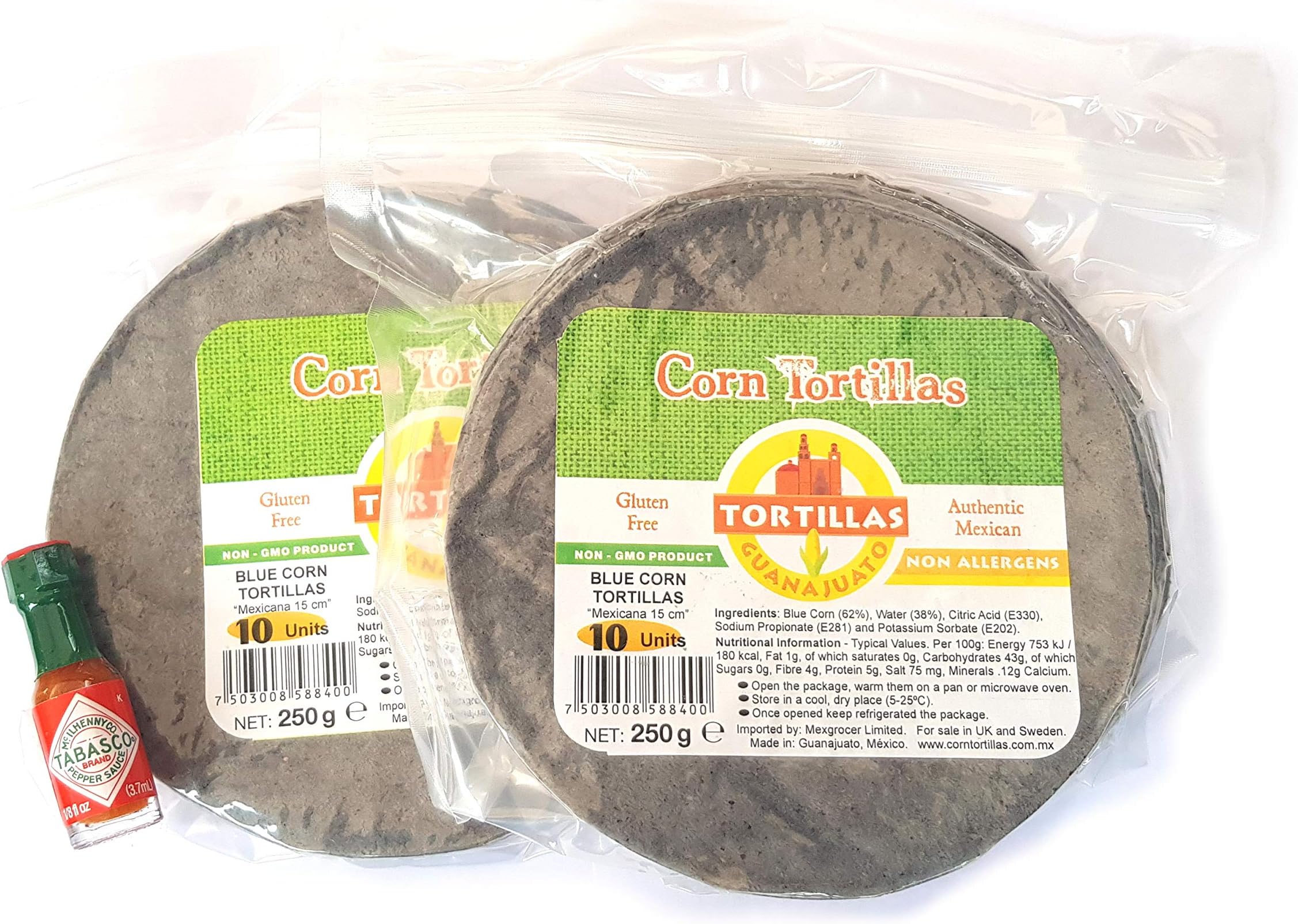 2 Pack of Gluten Free Blue Tortillas (15cm) in Zip Lock Bag (2 x 10 Pieces) and 1 Mini Tabasco (3.7ml)