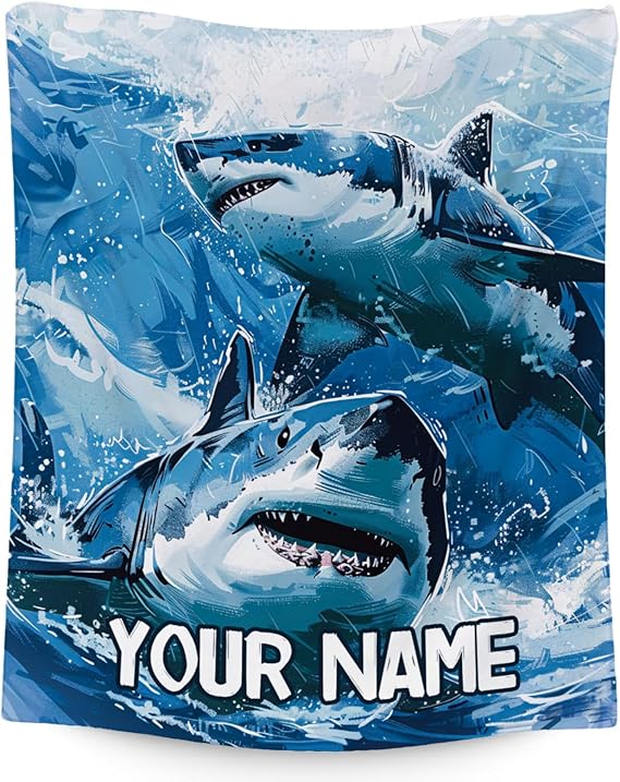 Custom Shark Blanket with Name - 60x80 Inches Cute Throw Blanket for Boys - Blue Soft Fuzzy Blankets for Bed, Couch & Living Room