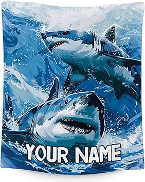 Custom Shark Blanket with Name - 60x80 Inches Cute Throw Blanket for Boys - Blue Soft Fuzzy Blankets for Bed, Couch & Living Room