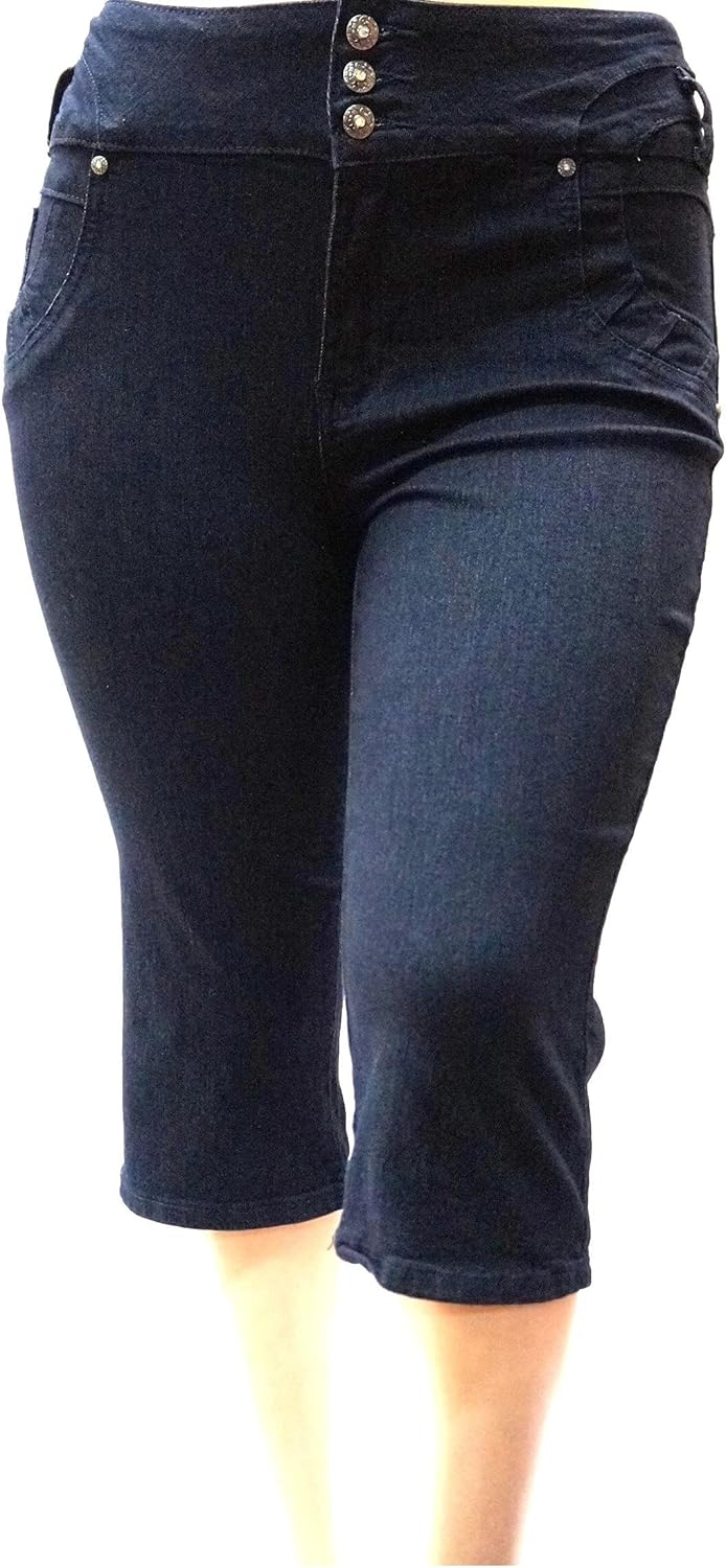 LA CHULA Women's Plus Size Stretch Premium Black Denim Jeans Capri HIGH Waist - Image 2