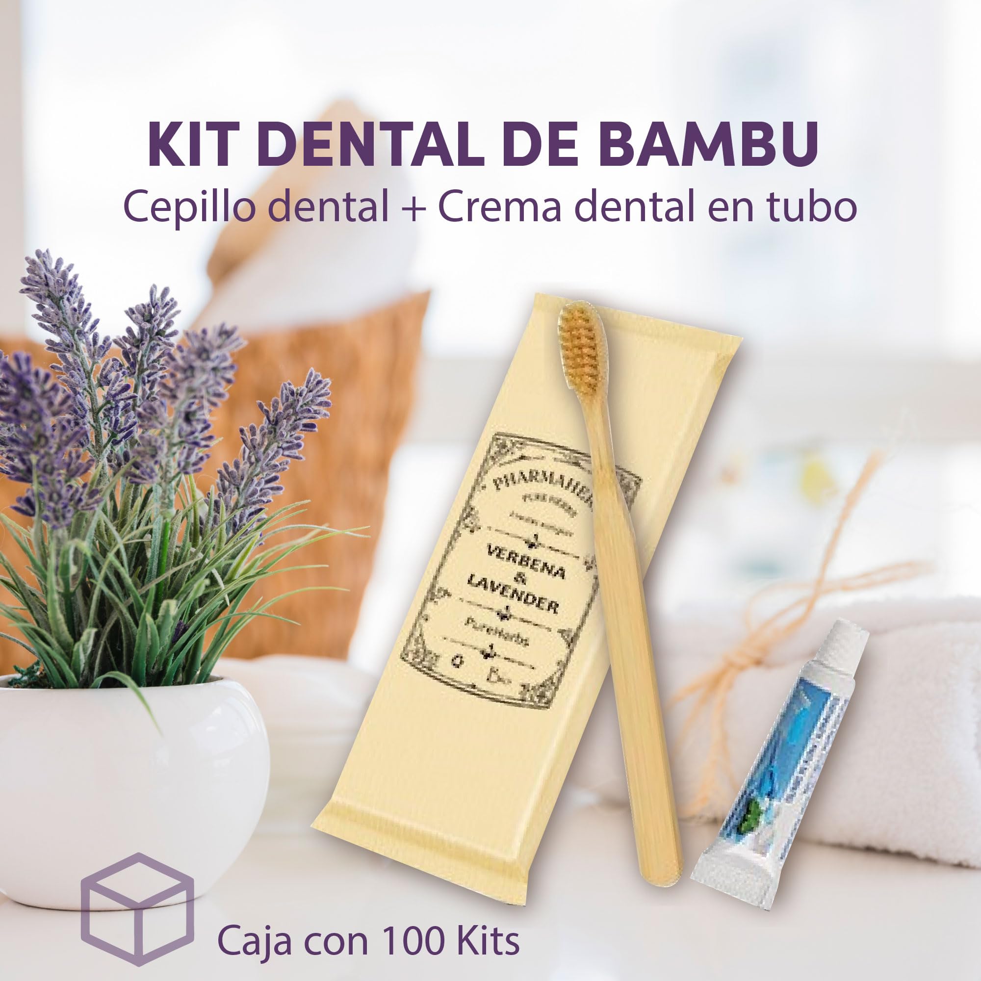 Pack de 100 Kits Dentales de Bambú con Cepillo de Cerdas Suaves Bio y Tubo de Pasta Dental - Ecológico y Sostenible, Ideal para Hoteles y Viajes
