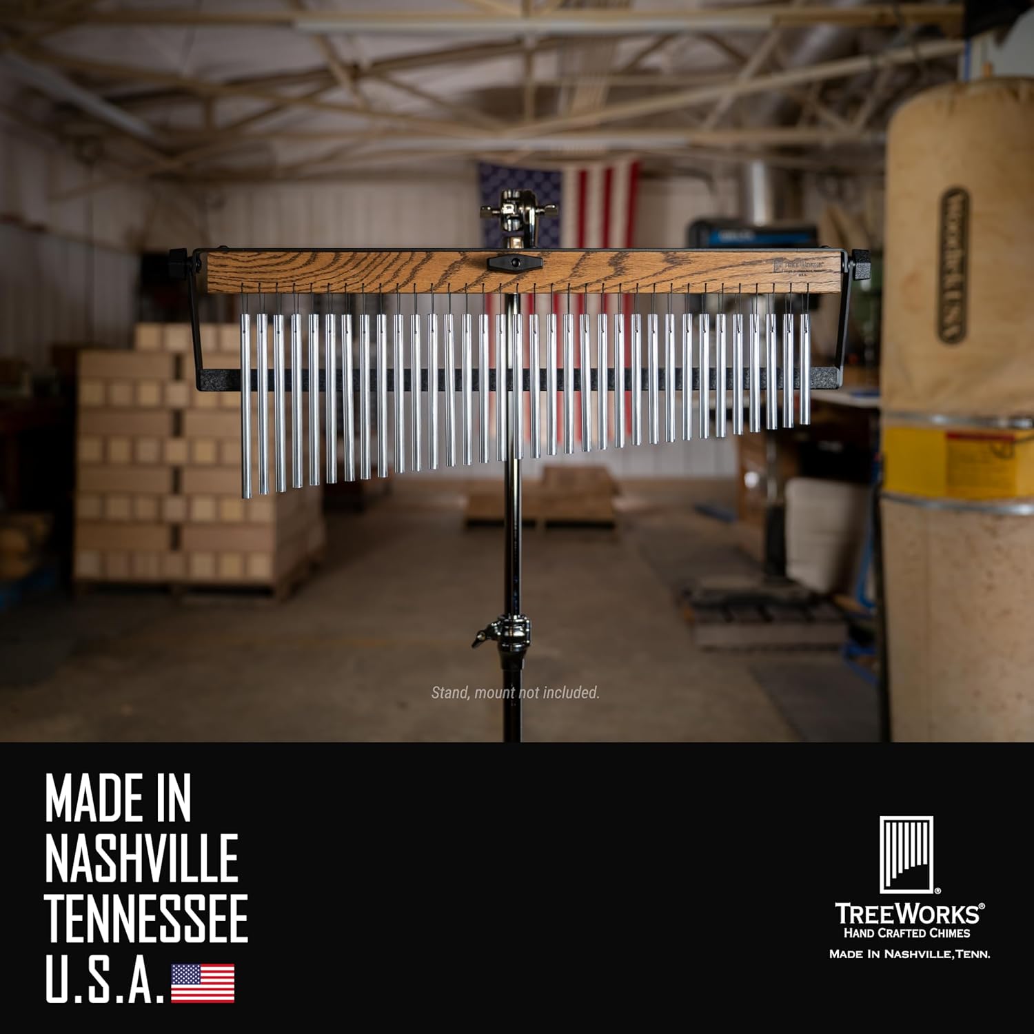 TreeWorks Chimes Full Size Bar Chimes with Dampening Arm and Bag — Made in U.S.A. — Single Row, Tennessee Hardwood (TRE630)