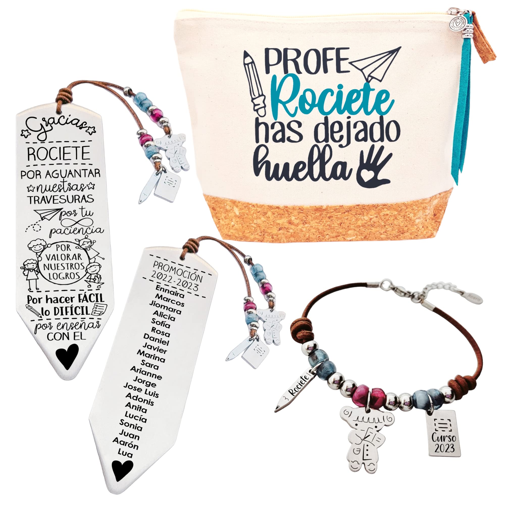 KITS para regalar a los profesores. Incluye (todo personalizado) neceser + pulsera + marcapáginas + diploma para firmar + pin. Regalos para profesores. KIT 5 (Aqüa)