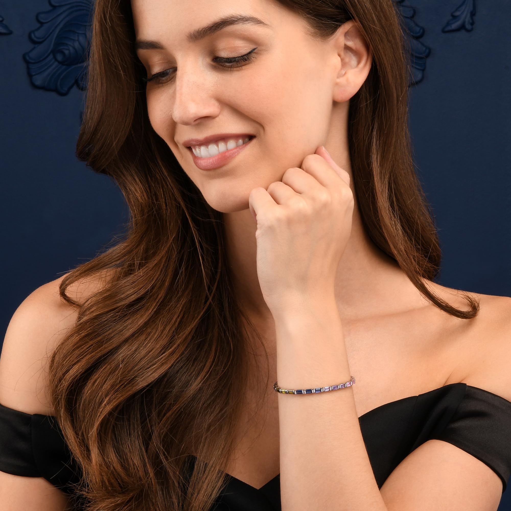 Diamond Treats Bracciale Tennis Donna Argento 925 Arcobaleno con Zirconi Baguette 3x5 mm Multicolore, Braccialetto Elegante Lusso con Chiusura a Scatola Nascosta, Gioiello Donna Colorato Regalo
