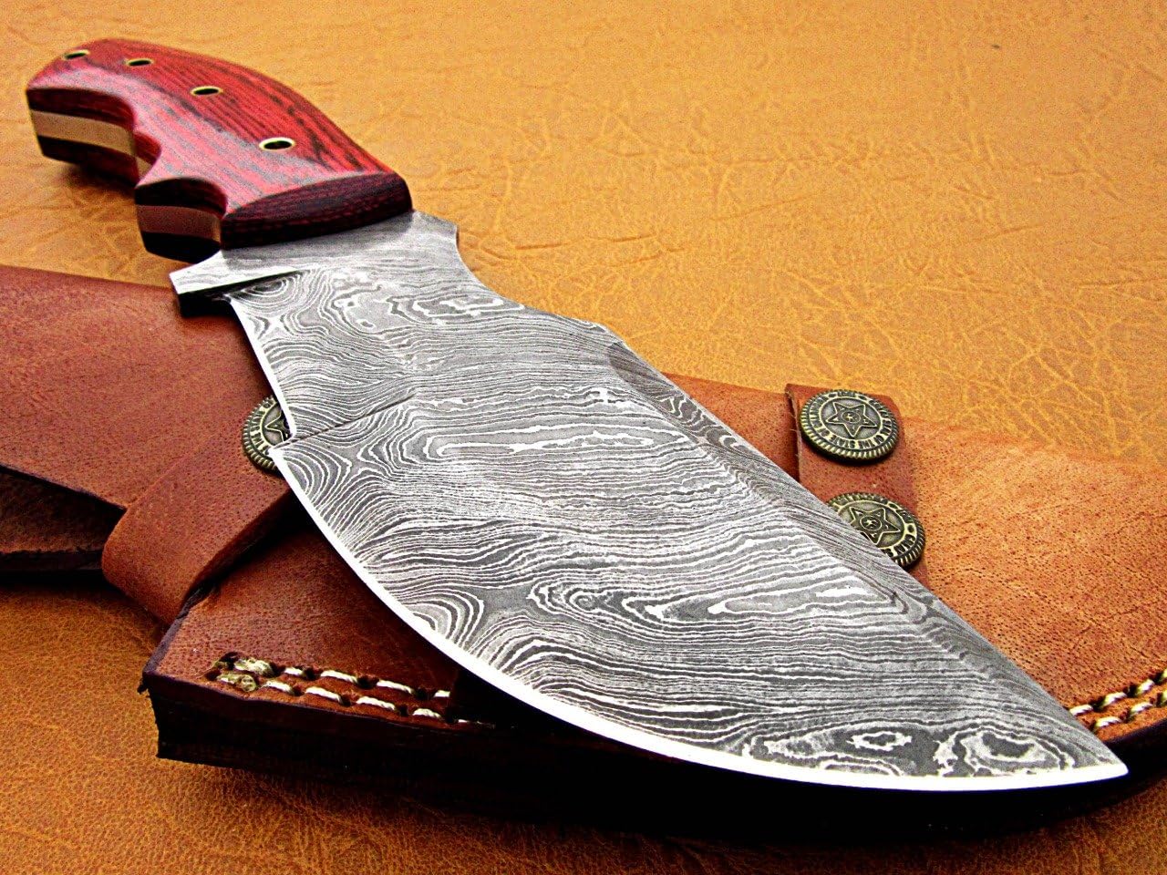 9.5" Long Damascus Steel Tracker Knife Hand Forged Twist Pattern Full Tang, Natural Rose Wood Scale with Scale, Cow Hide Leather Sheath with Belt Loop