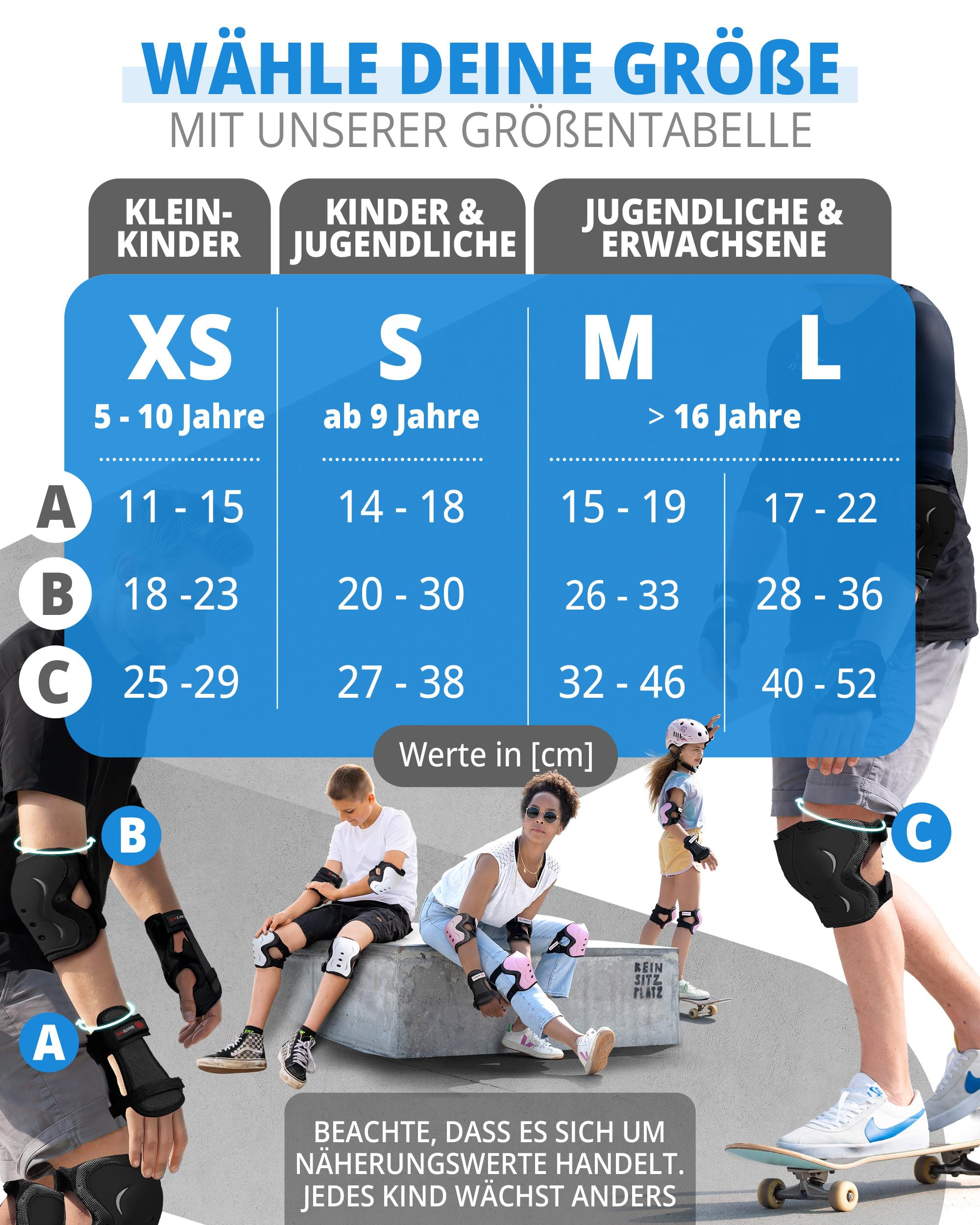 SKATEWIZ Skate Protektoren Set - Für Kinder, Jugendliche und Erwachsene von Deutschem Hersteller [6er] mit Knieschoner, Ellenbogenschoner und Handgelenkschoner