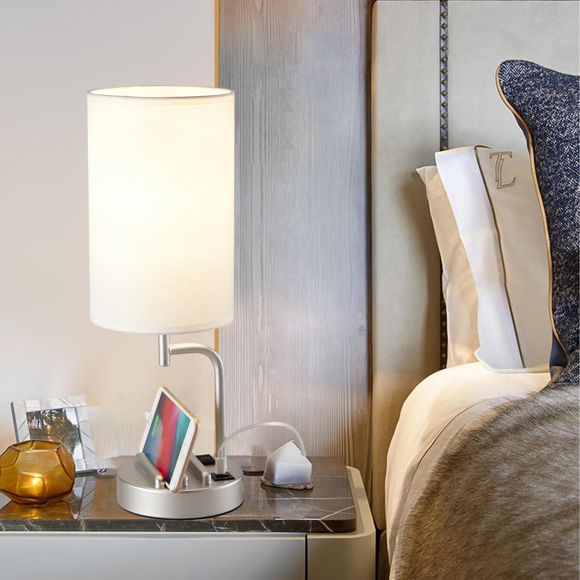 17.4 Inch Bedside Touch Table Lamp - USB-C & USB-A Charging Ports, 3-Way Dimmable, LED Bulb Included, White - View #3