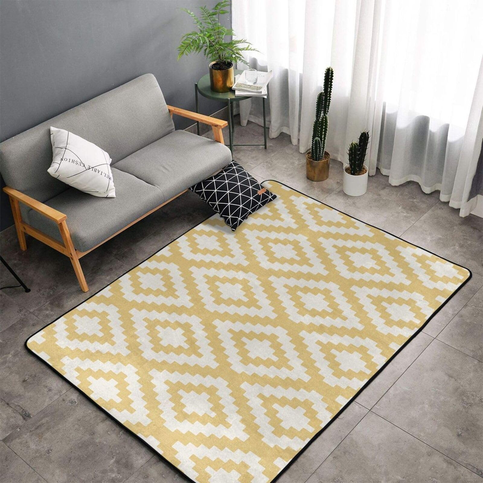 Imprimé géométrique Moutarde, Tapis de Sol antidérapant de Grande Taille pour Salon et Chambre, 150 x 100 cm.