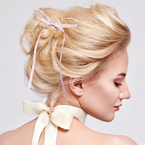 Miniatura 4 de 18 pinzas para el cabello con lazo rosa de 3.93 pulgadas, lazos blancos y azules, pasadores con cintas largas, parrillas para San Valentín,