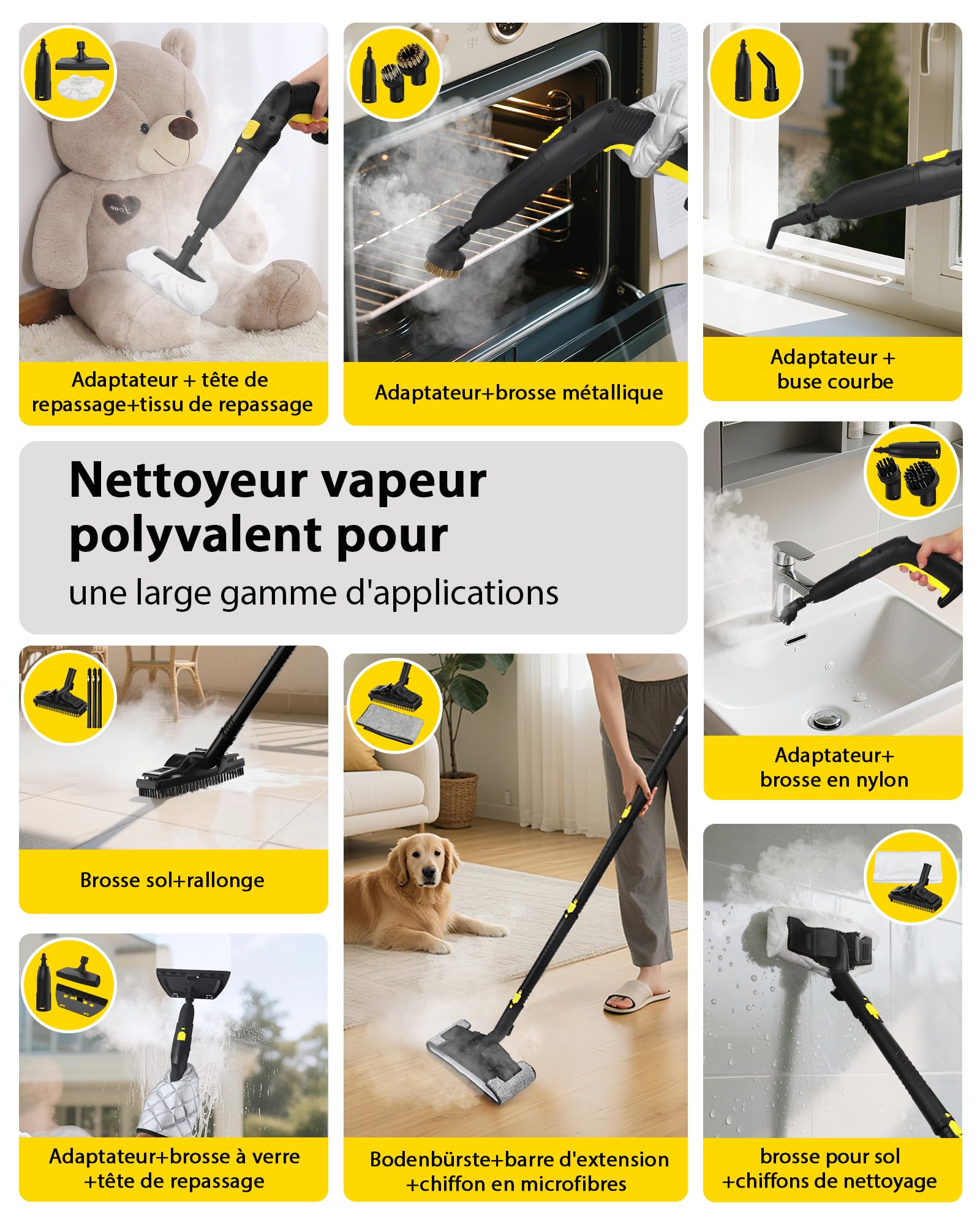 Nettoyeur vapeur KROQO avec 23 accessoires et câble d'alimentation de 5 m pour nettoyer les fours, tapis, canapés, coussins, jouets et sols lisses.