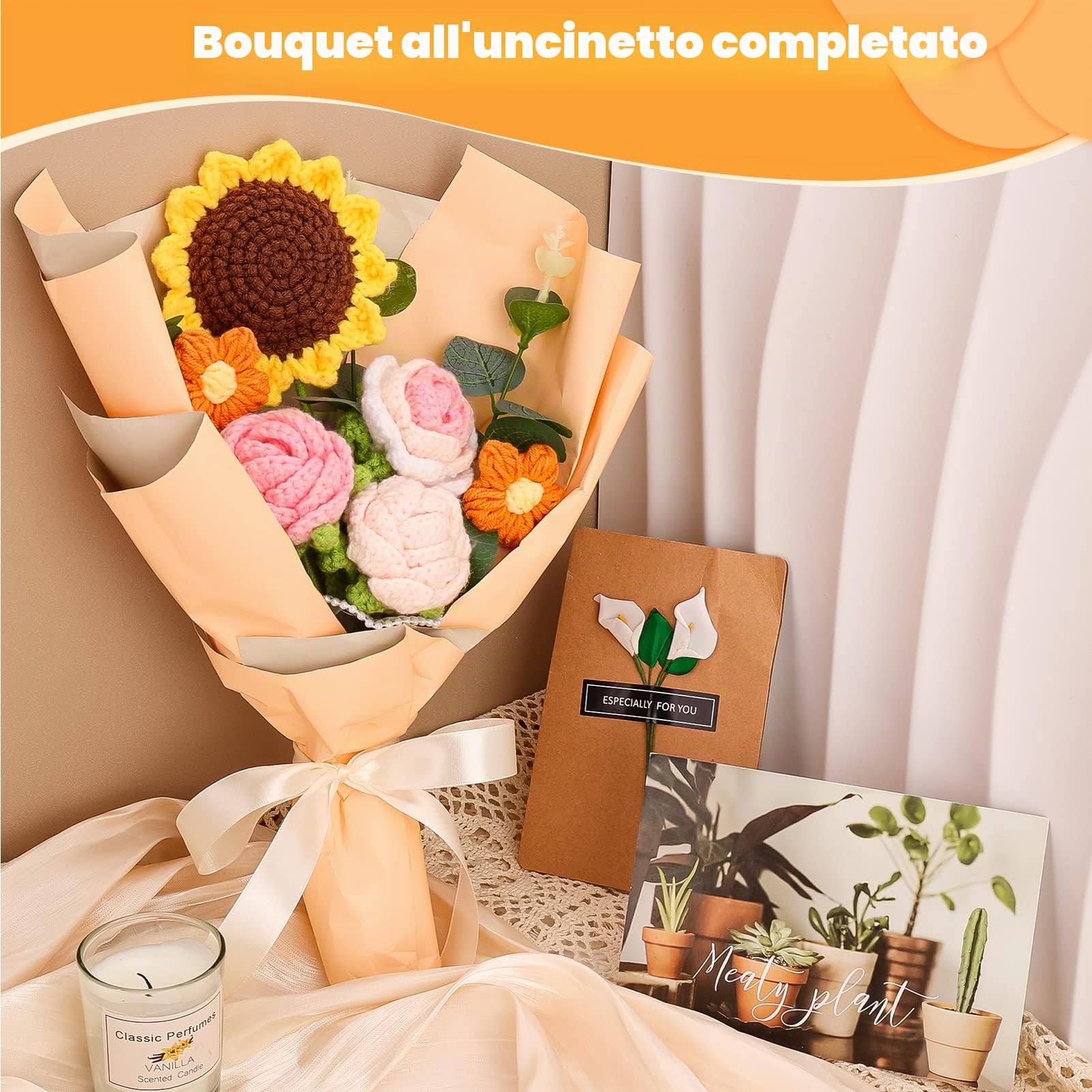 Omldggr Bouquet di fiori all'uncinetto, realizzato a mano, kit per bouquet all'uncinetto, girasole finto rosa, margherita per festa della mamma, compleanno, matrimonio, San Valentino e decorazione per