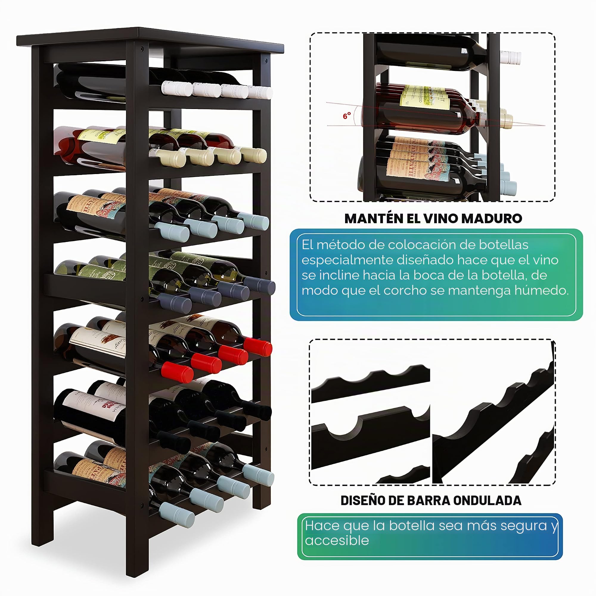 SMIBUY Botellero de bambú, Soporte para 28 Botellas con Parte Superior de Mesa, estantes de Almacenamiento Independientes de 7 Niveles para Cocina, despensa, Bodega, Bar (Negro)