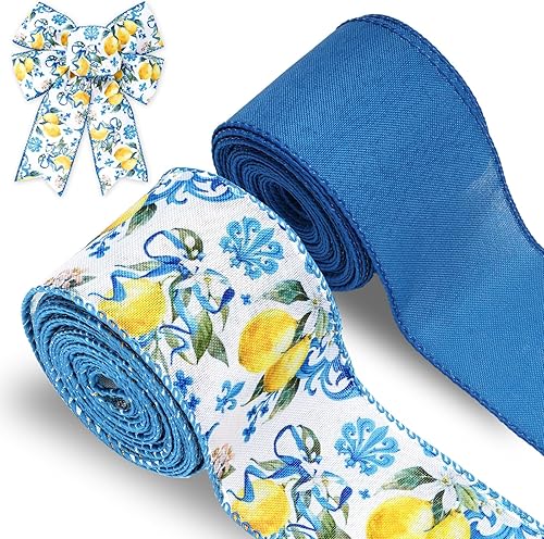 AnyDesign - Cinta de borde con alambre de limón, 20 yardas, azulejo azul, tela de limón, cinta para manualidades de primavera, verano, baby shower,
