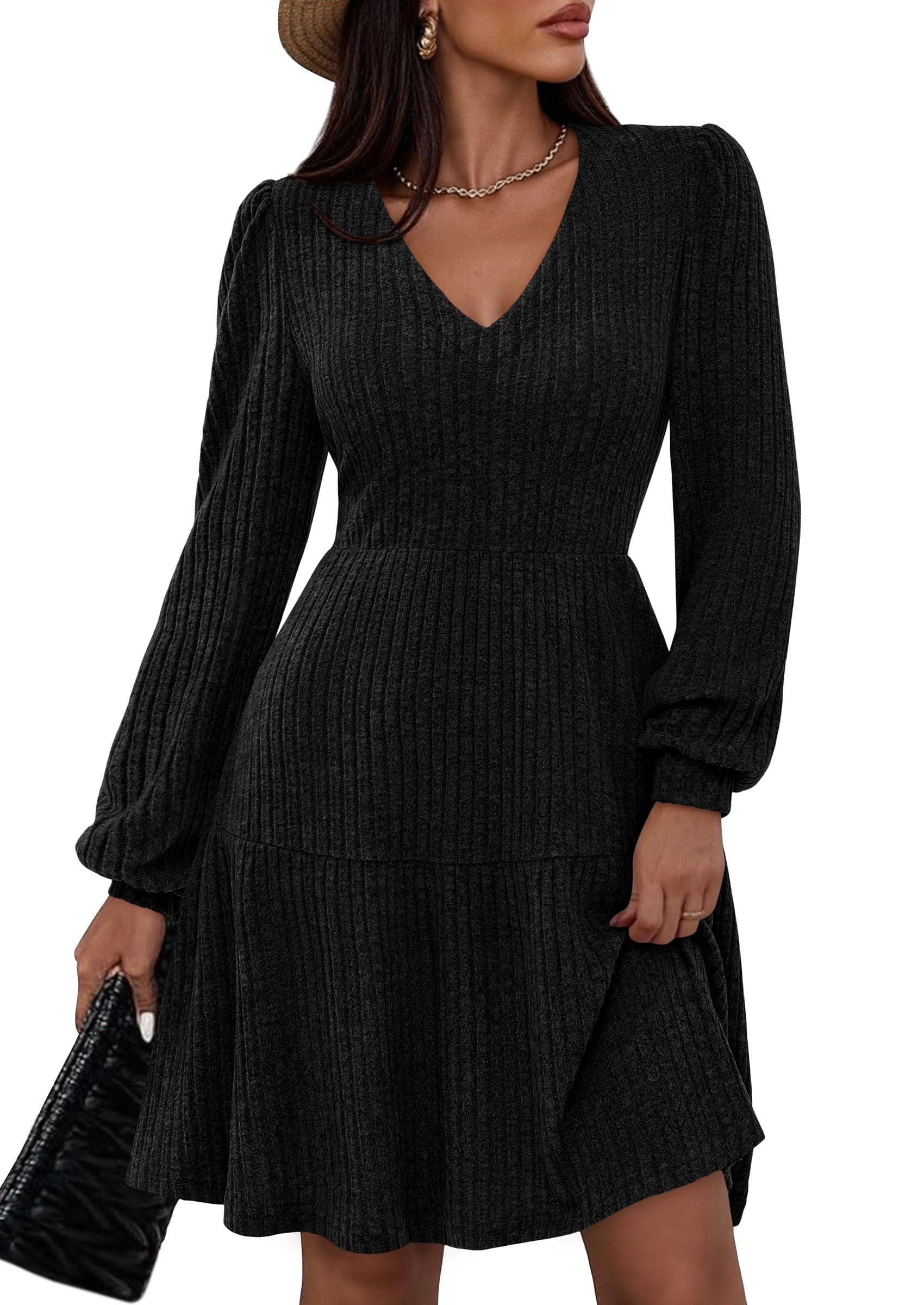 PRETTYGARDEN Womens Sweater Dress 2026 Fall Long Sleeve V Neck A Line Fit and Flare Ribbed Short Dresses Knit Outfits Pockets