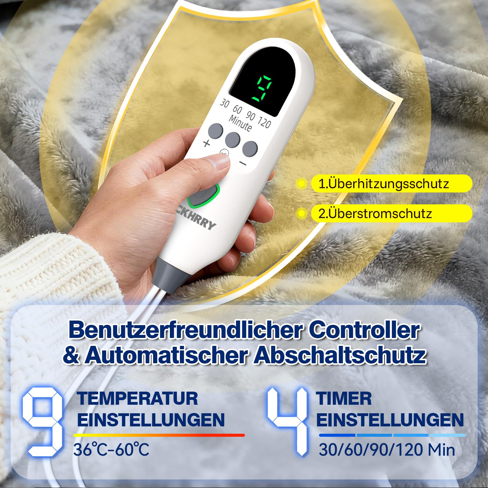 Heizkissen für Rücken Schulter Nacken 60 x 100cm, Heizdecke 9 Heizstufen mit 4 Zeitschaltuhren Wärmekissen mit Taillenriemen, Schnelle Erwärmung, Rückenwärmer Abschaltautomatik, Flanell