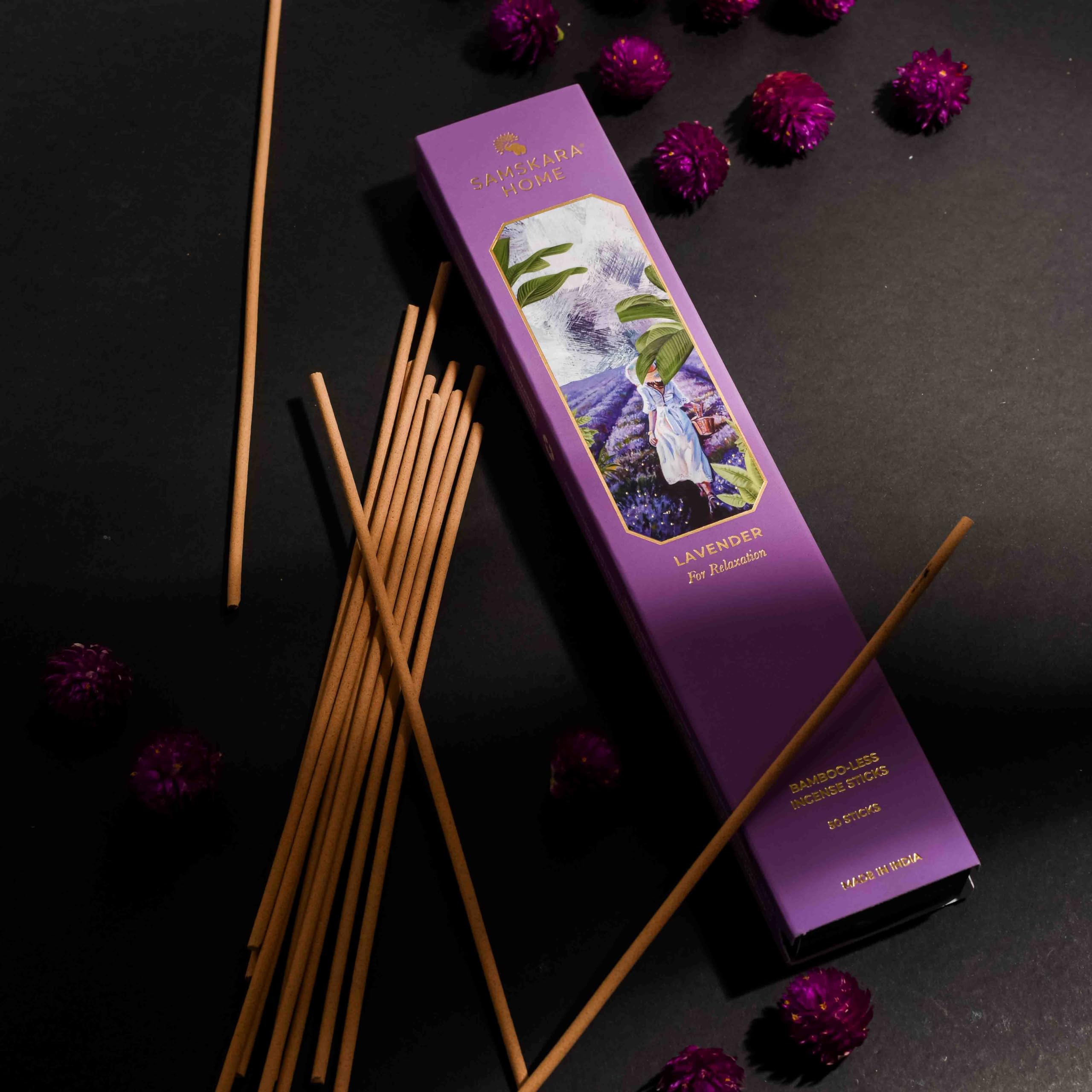 Samskara Premium Lavender Incense Sticks| Pooja Agarbatti | Pure Aromatherapy Fragrance for Relaxation and Meditation | Highly Scented Indian Incense Sticks|100% Organic - (50pcs)
