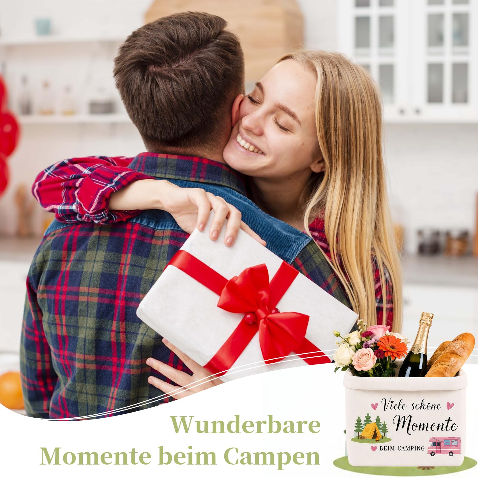 Camping Geschenke Set 4-Teilig, Camper Geschenke Brotkorb Stoff Mit Karte, Schlüsselanhänger Und Umschlag, Wohnwagen Deko Picknick Tasche, Wohnmobil Gadgets Für Frauen Männer
