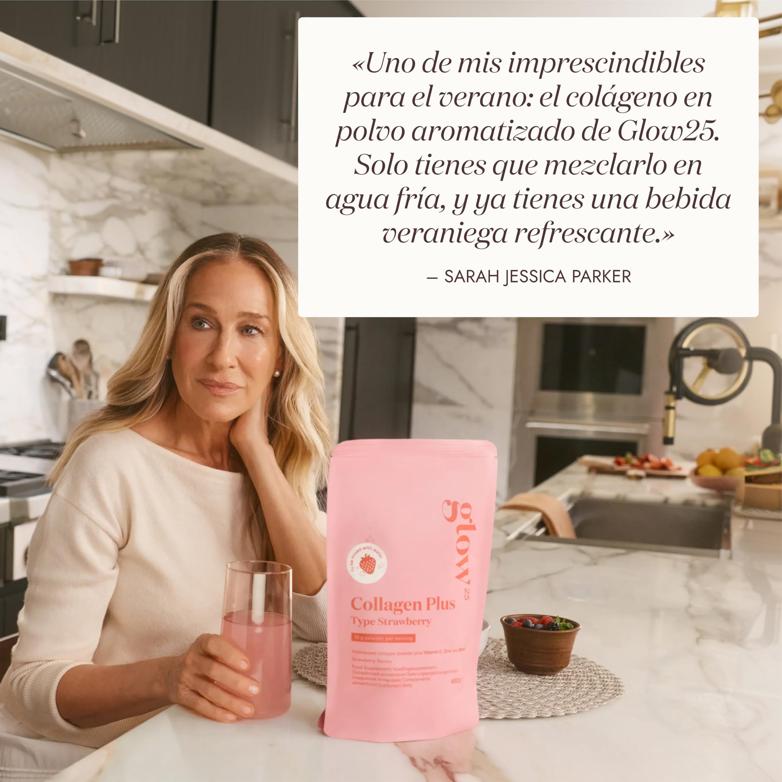 Glow25® Collagen Plus Type Strawberry 450 g – Vitamina C, zinc y biotina | Colágeno hidrolizado con vitamina C, zinc y biotina – Ideal para disolver en agua – Sabor fresa