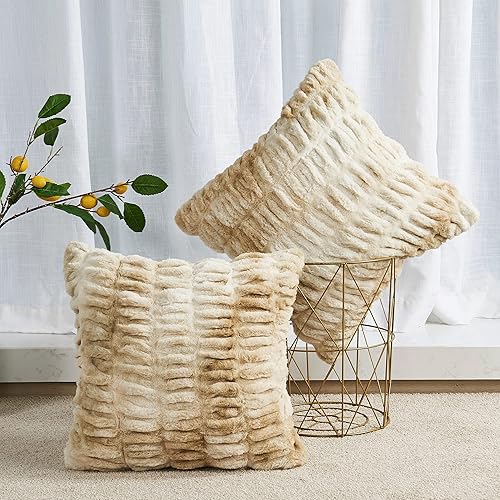 BYTIDE Juego de 2 fundas de almohada cuadradas de piel sintética fruncida con respaldo de microvisón, funda de cojín suave de felpa de lujo para