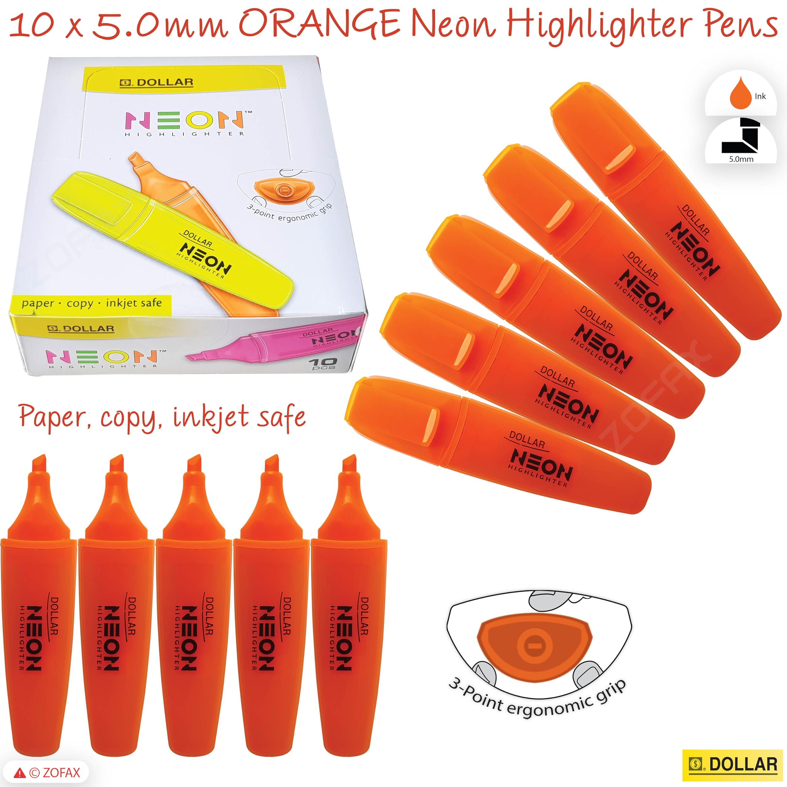 DOLLAR HL625 Neon Fluorescent Highlighter Pens, ORANGE, Pack of 10, Chisel Tip (5.0mm), 3-Point Grip, Multipack, Fast-drying - Image 2