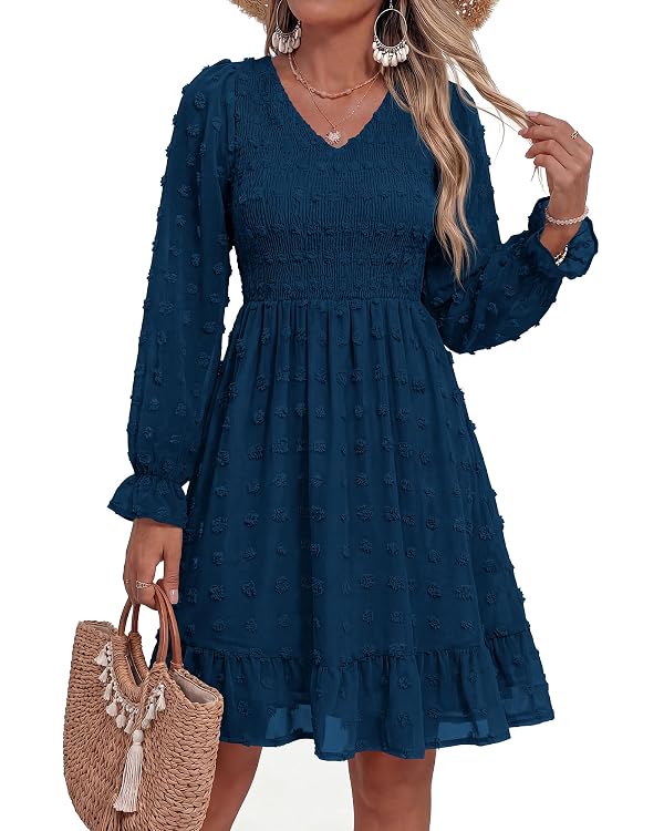 BTFBM Summer Dresses for Women 2026 Long Sleeve Casual V Neck Swiss Dot Smocked Ruffle Chiffon Flowy Mini Fall Dress(Dark Blue, Medium) by BTFBM - Used condition - US$22.65