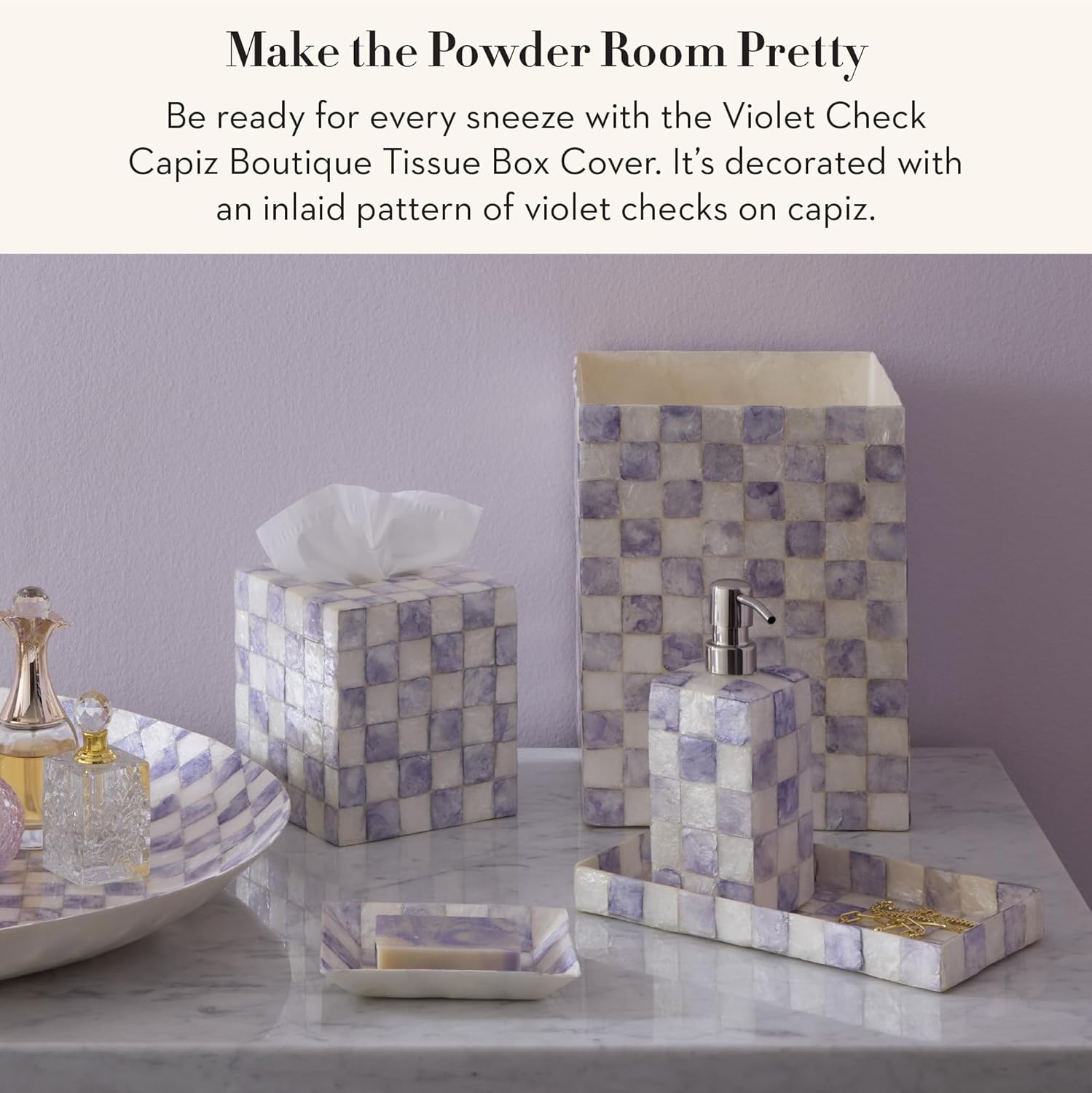 MACKENZIE-CHILDS Boutique Square Capiz Tissue-Box Cover, Decorative Tissue Holder, Purple-and-White Violet Check