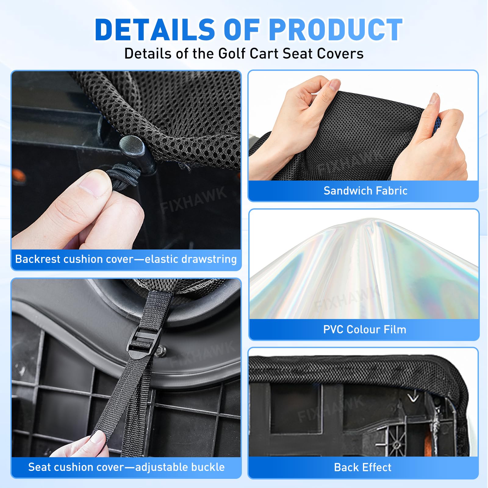 Vordersitzbezug für Golfwagen, elastischer Golfwagensitzbezug, Sandwich-Stoff, PVC-Farbfolie, Sitzbezug, für den Sommer, Wärmeisolierung und wasserdicht (schwarz)