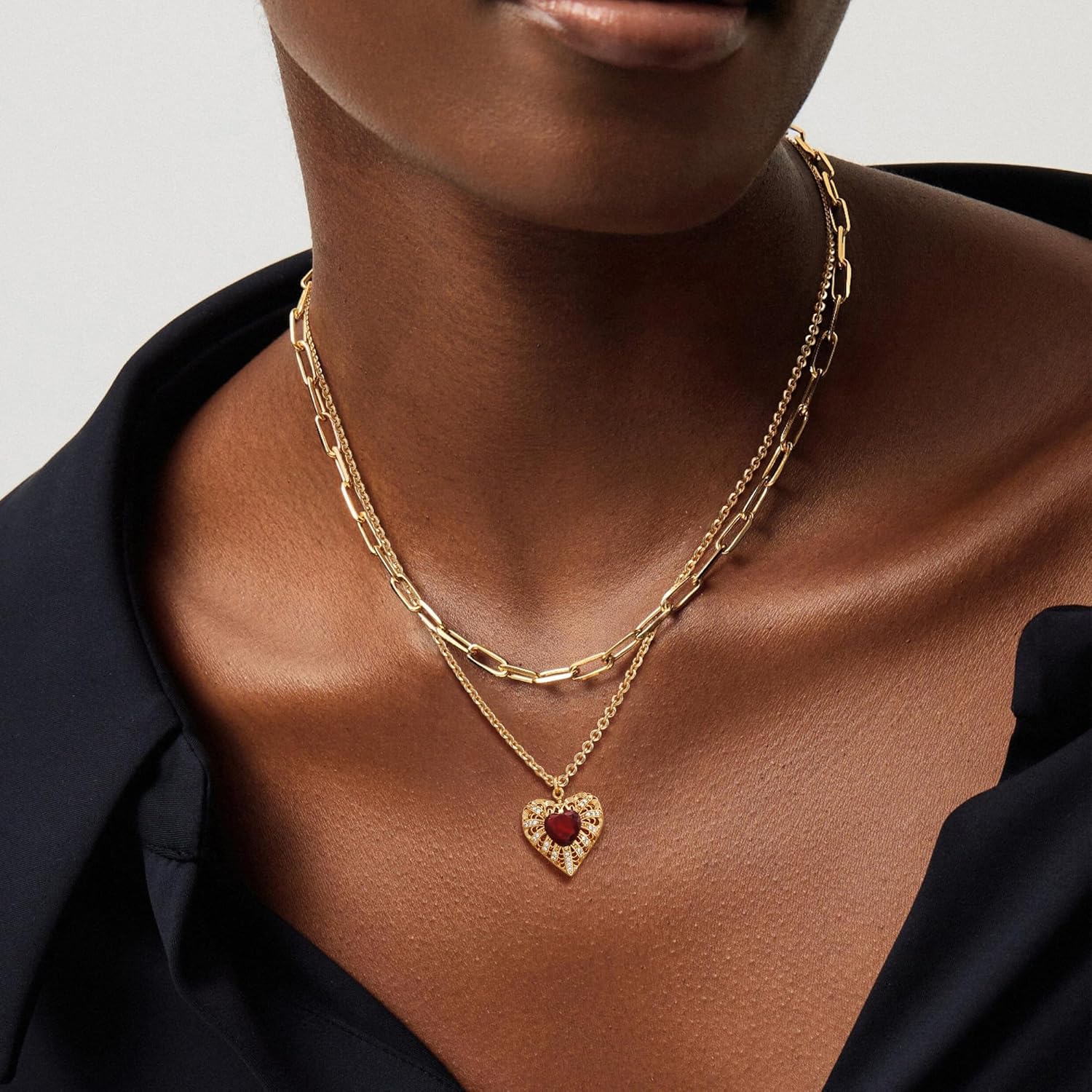 Gold Layered Necklaces Set For Women | 14K Gold Plated Handmade Cuban Link Figaro Cable Satellite Paperclip Chain Choker Necklace | CZ Heart Butterfly Square Cross Pendant Necklace Jewelry Gift Sets - Image 2