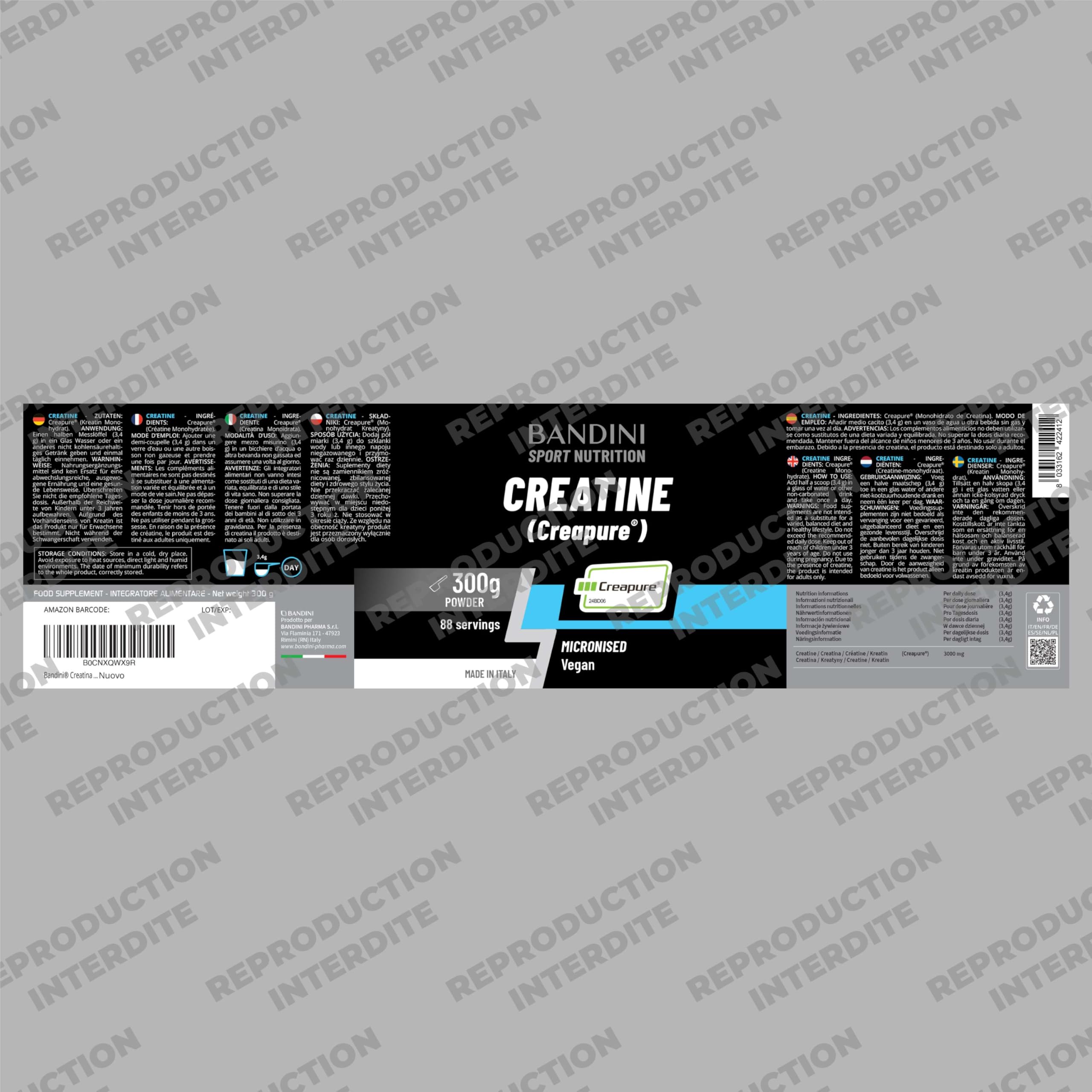 Bandini® Créatine Creapure® Monohydrate en Poudre | Pure Creatine Powder | Prise de Masse Musculaire et Force | Supplément pour l'Entraînement et la Musculation | Pour l'ATP et la récupération