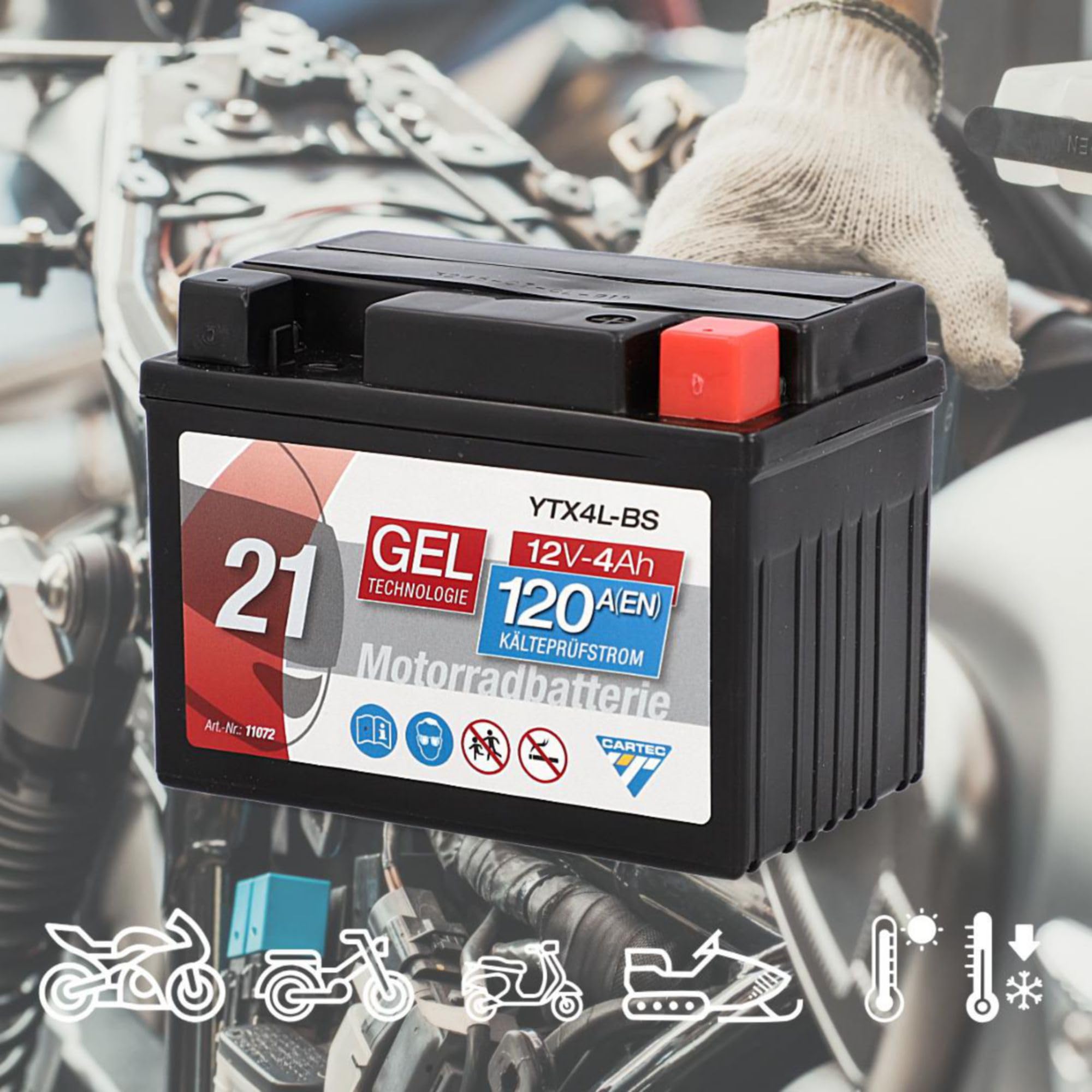 CARTEC Batterie Moto YTX4L-BS, 4Ah, 70A, Technologie Gel Batterie de Démarrage Moto, Qualité D'Origine, Résistante au Cyclage, Stockable, sans Entretien, Petite