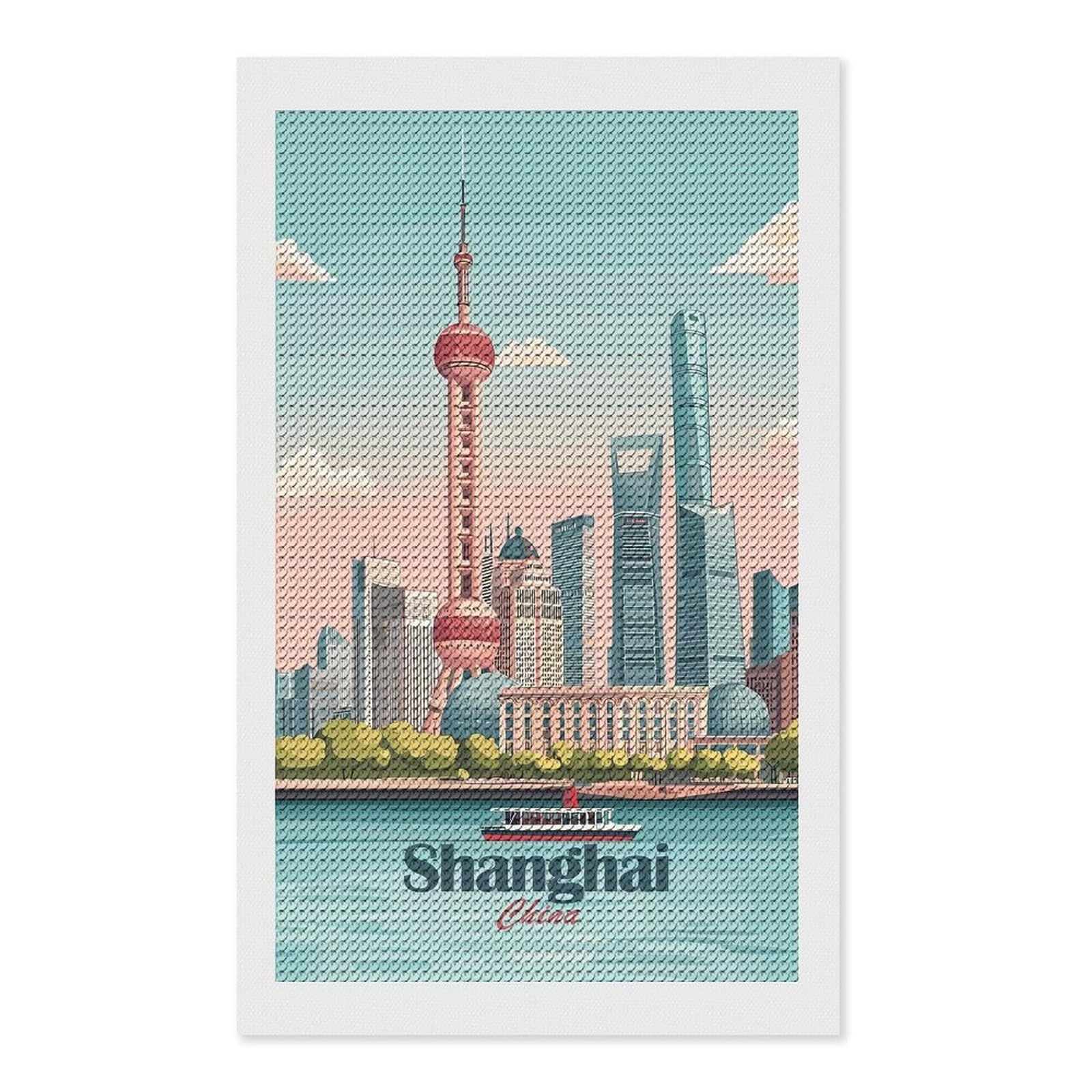 Junmoney Shanghai Skyline(4) Diamond Art Kit 12"x20", Creative Leisure Activity, Complete Accessories, Vintage Style Decor, for Women
