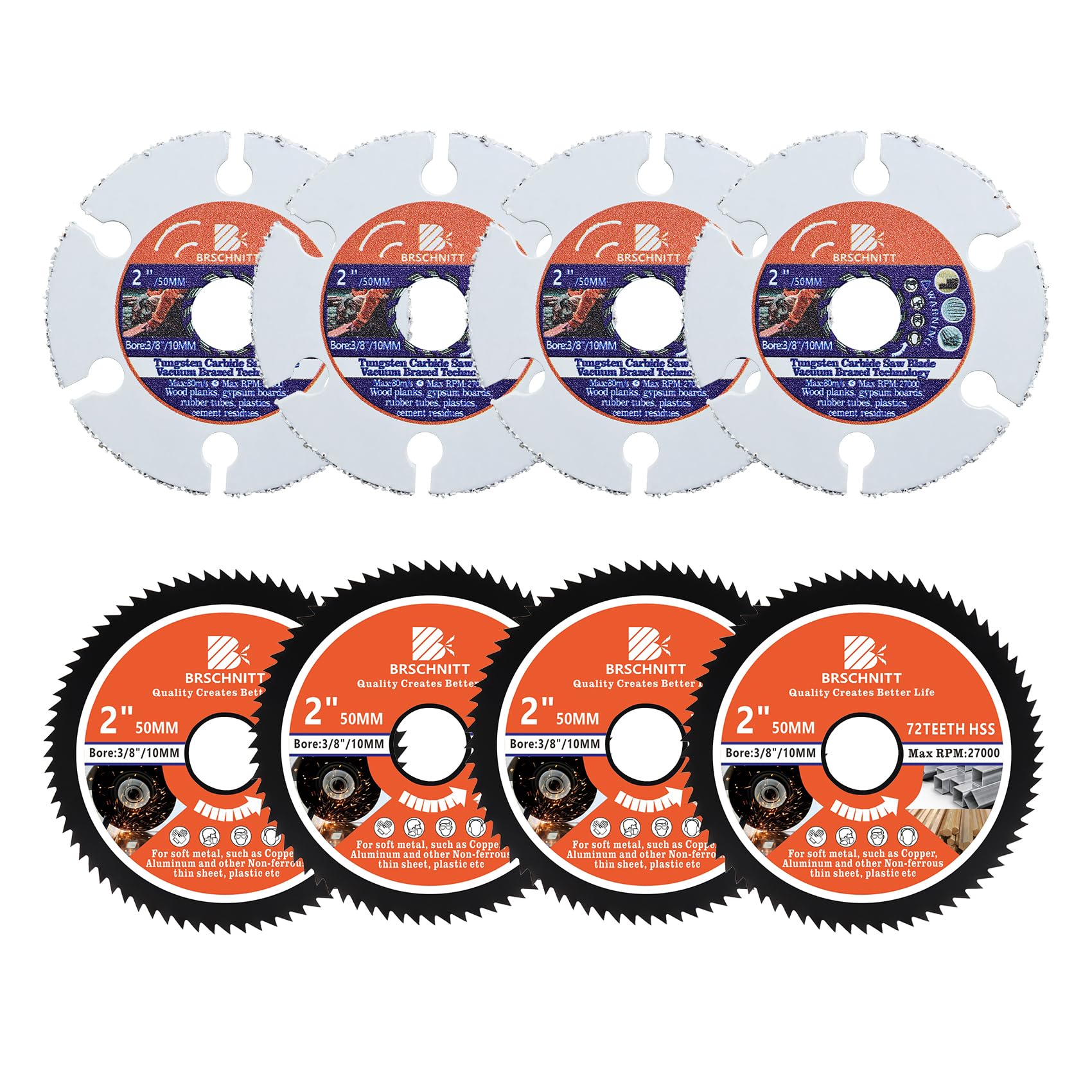 Circular Saw Blade 2inch - BRSCHNITT 4PCS 72T Cutting Discs & 4pcs 2" Carbide Multi Wheel 10mm Bore for Cutting Wood, Copper, Aluminum, Plastic and Soft Metal