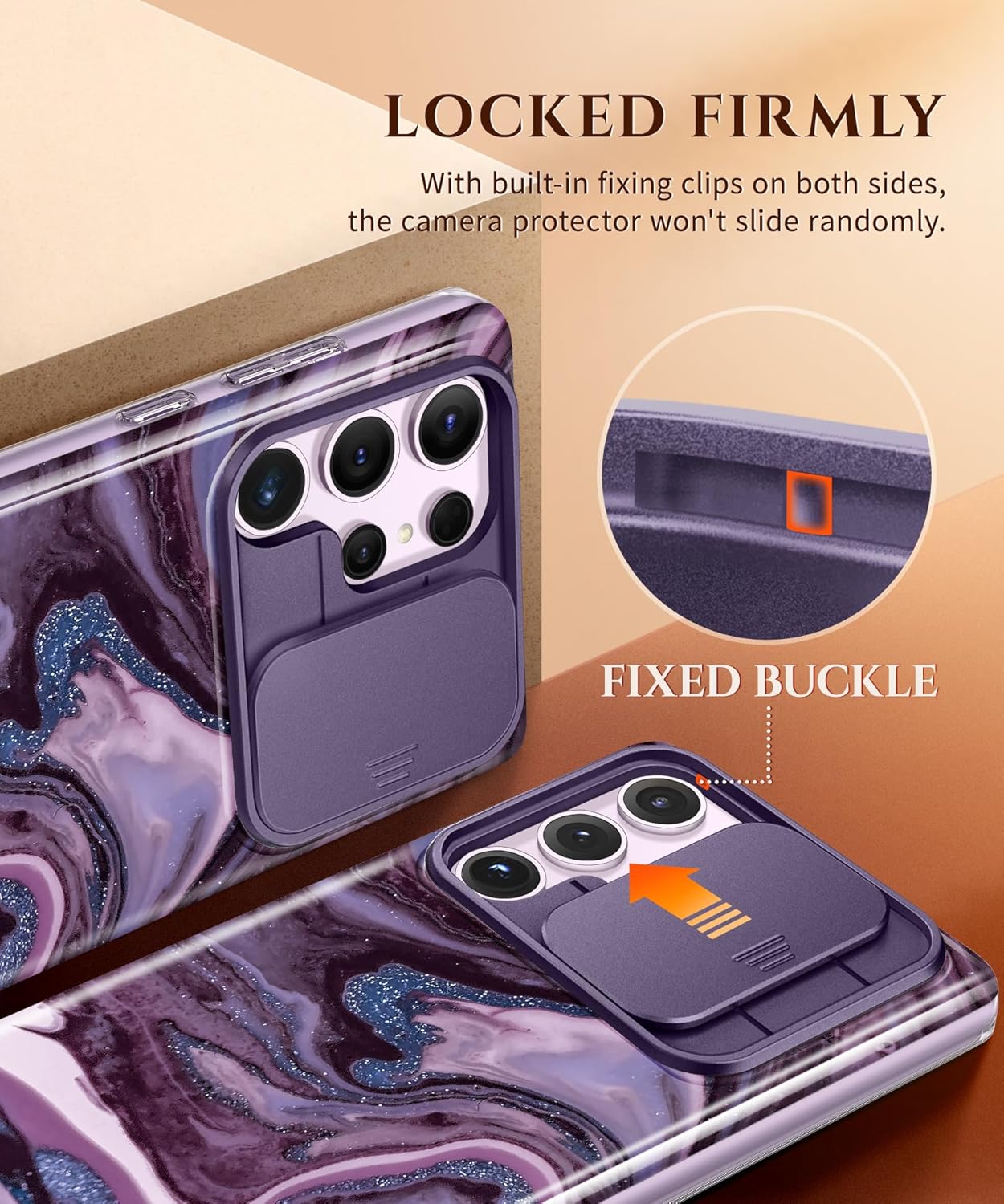 GVIEWIN for Samsung Galaxy S23 Ultra Case with Slide Camera Cover, [Built-in Screen Protector] [2 Front Frames] Military Grade Shockproof Marble Phone Case Fit S23 Ultra 6.8", Quicksand/Purple - Image 4