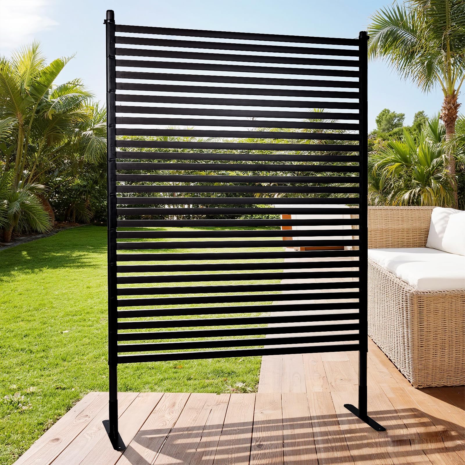 Outdoor Privacy Screen with Stand,4 ft x 6 ft Freestanding PE-Coating Steel Pipes and Slats Panels, Decoative Privacy Screen Fence Panels for Deck Patio Garden Backyard