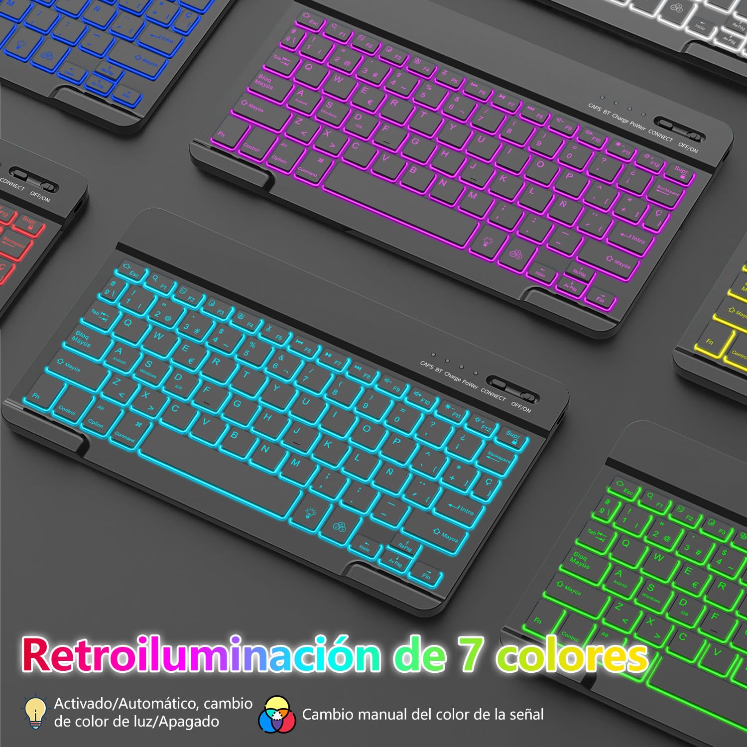 aMZCaSE para iPad A16 10/11th Generation Funda con Teclado 11/10.9 Inch(2025/2022),Funda con Retroiluminado de 7 Colores con Teclado Inalámbrico Desmontable con Soporte para Bolígrafo (Negro)