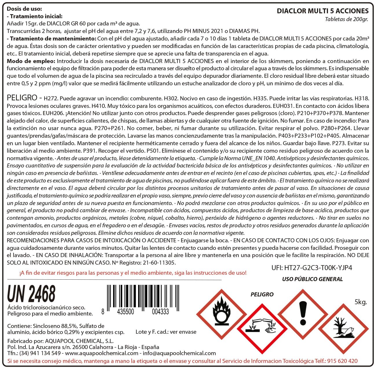 DIACLOR Multi 5 ACCIONES 200gr Pack 18kg - 3 Botes de 5 Kilos y 1 de 3 kg. Pastillas de Cloro para Piscinas envasadas Individualmente - Tratamiento Completo 5 Efectos - SIN Cobre