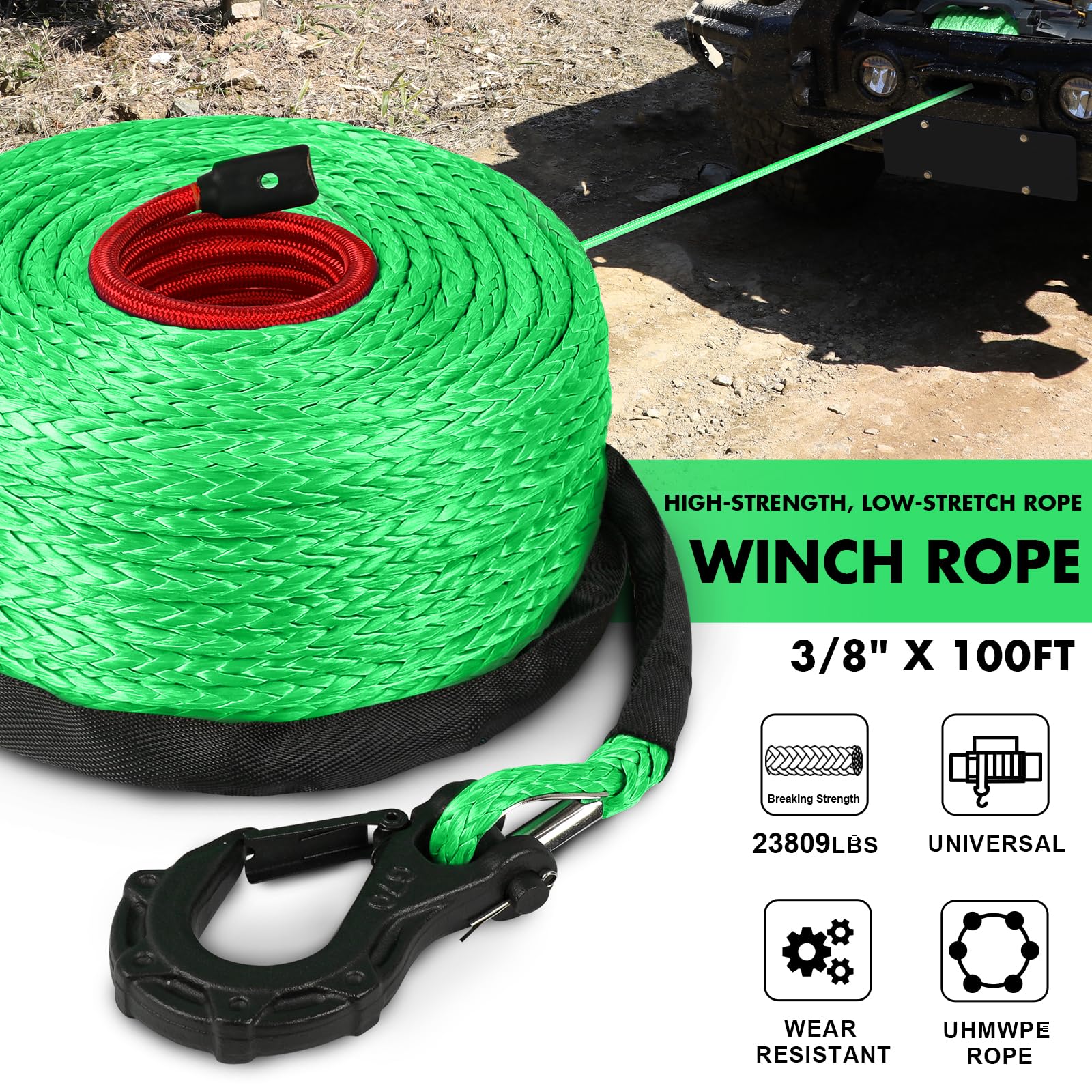 Corda sintetica per verricello Dyneema, 3/8" x 30,5 m, 10,8 kg, con gancio e manicotto di protezione, cavo di recupero per rimorchio auto, per fuoristrada, camion, SUV, Jeep (verde)