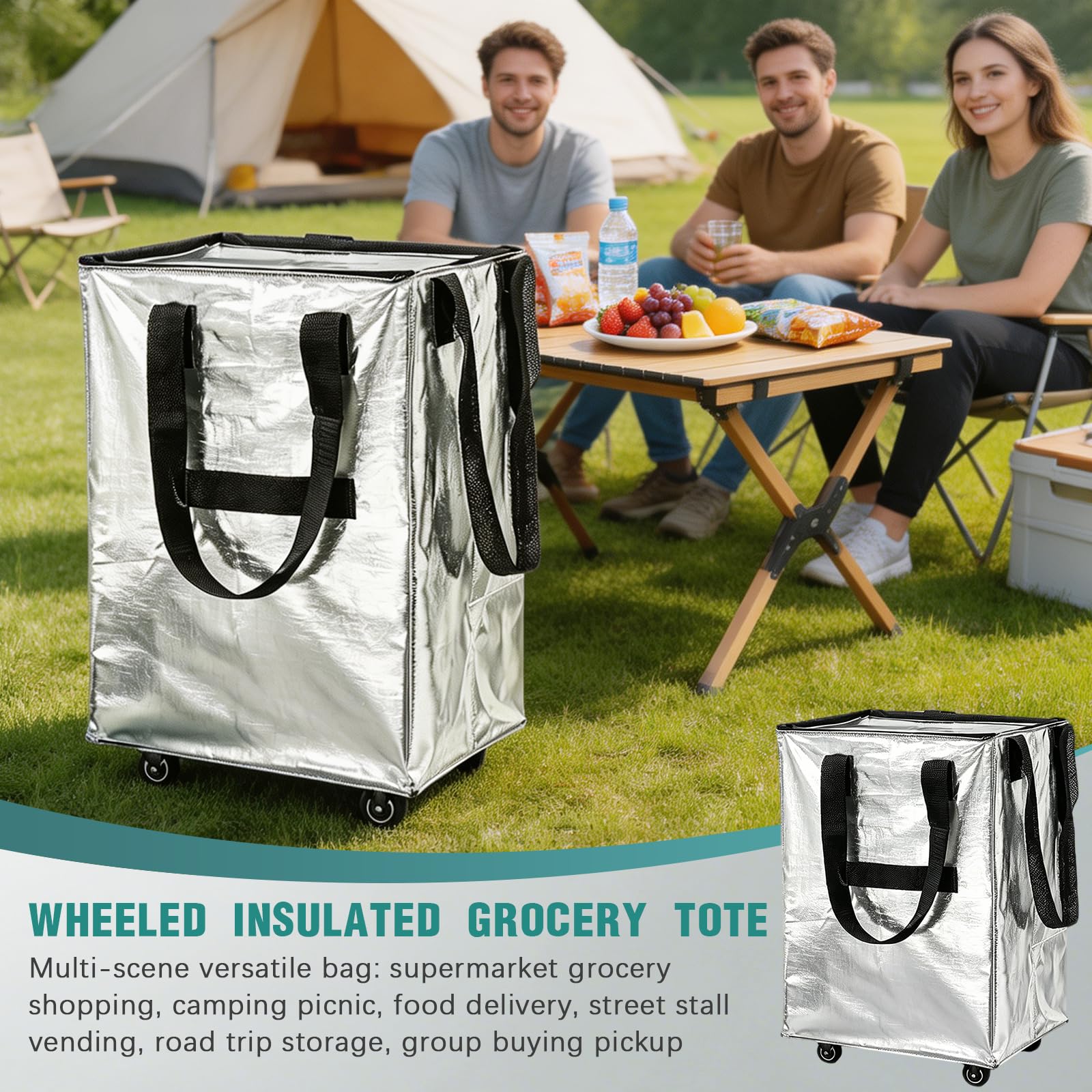 Carrito De Compras, 40 * 30 * 50cm Carrito Reutilizable Plegable con Ruedas Y Asas Reutilizable Plata Bolsa De Compras Impermeable para Acampar IR De Compras O Lavar La Ropa